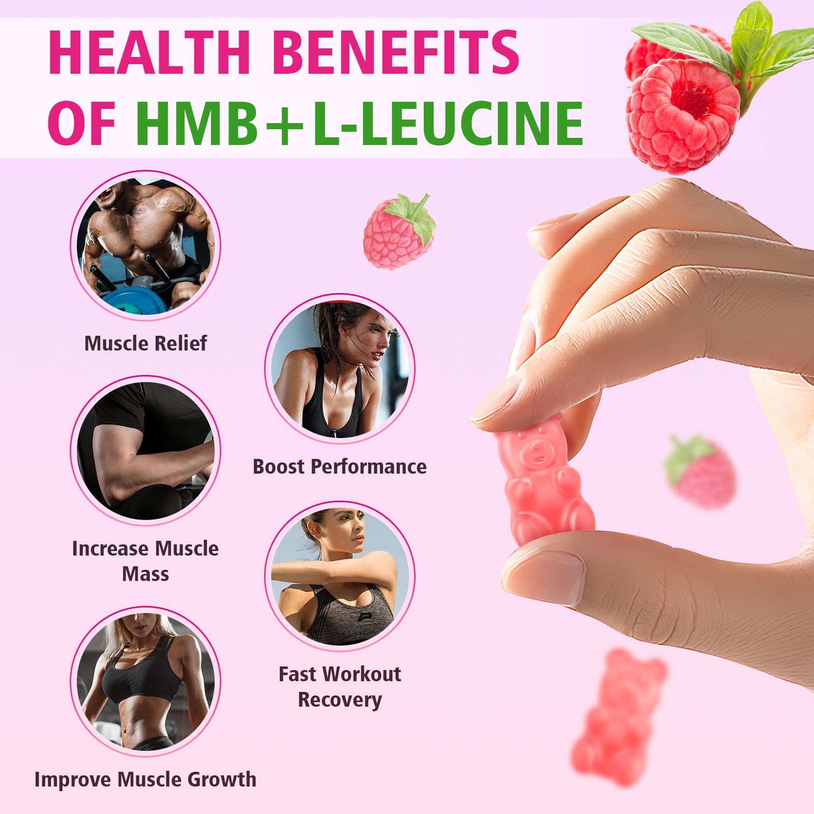 2 Pack HMB + L-Leucine Gummies – 3000mg for Muscle Growth & Recovery, Sugar-Free Raspberry, 120 Count