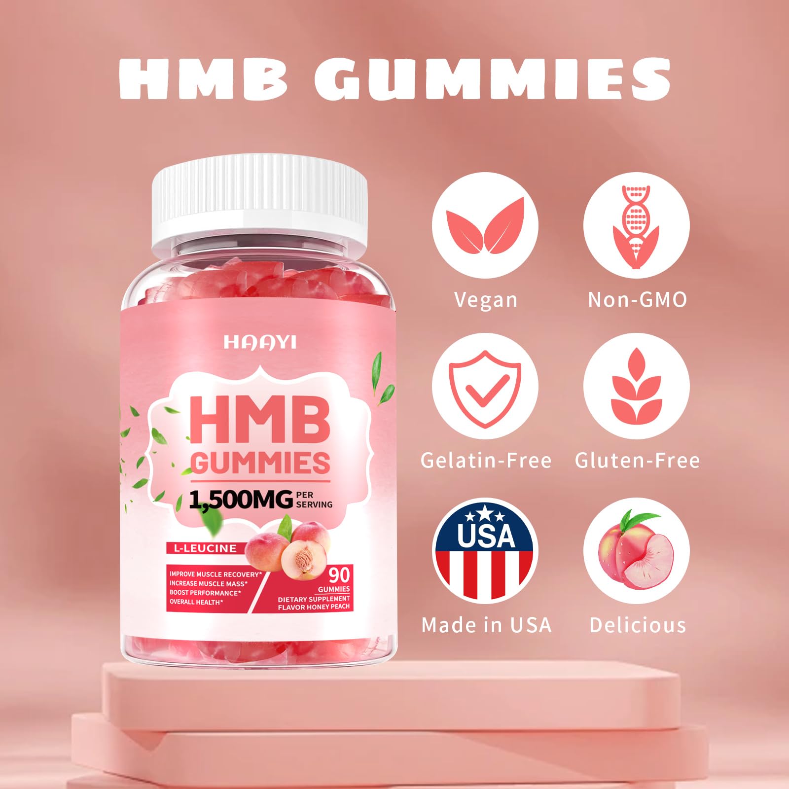 HMB & Leucine Gummies for Men & Women - Sugar Free Peach 90 Gummies