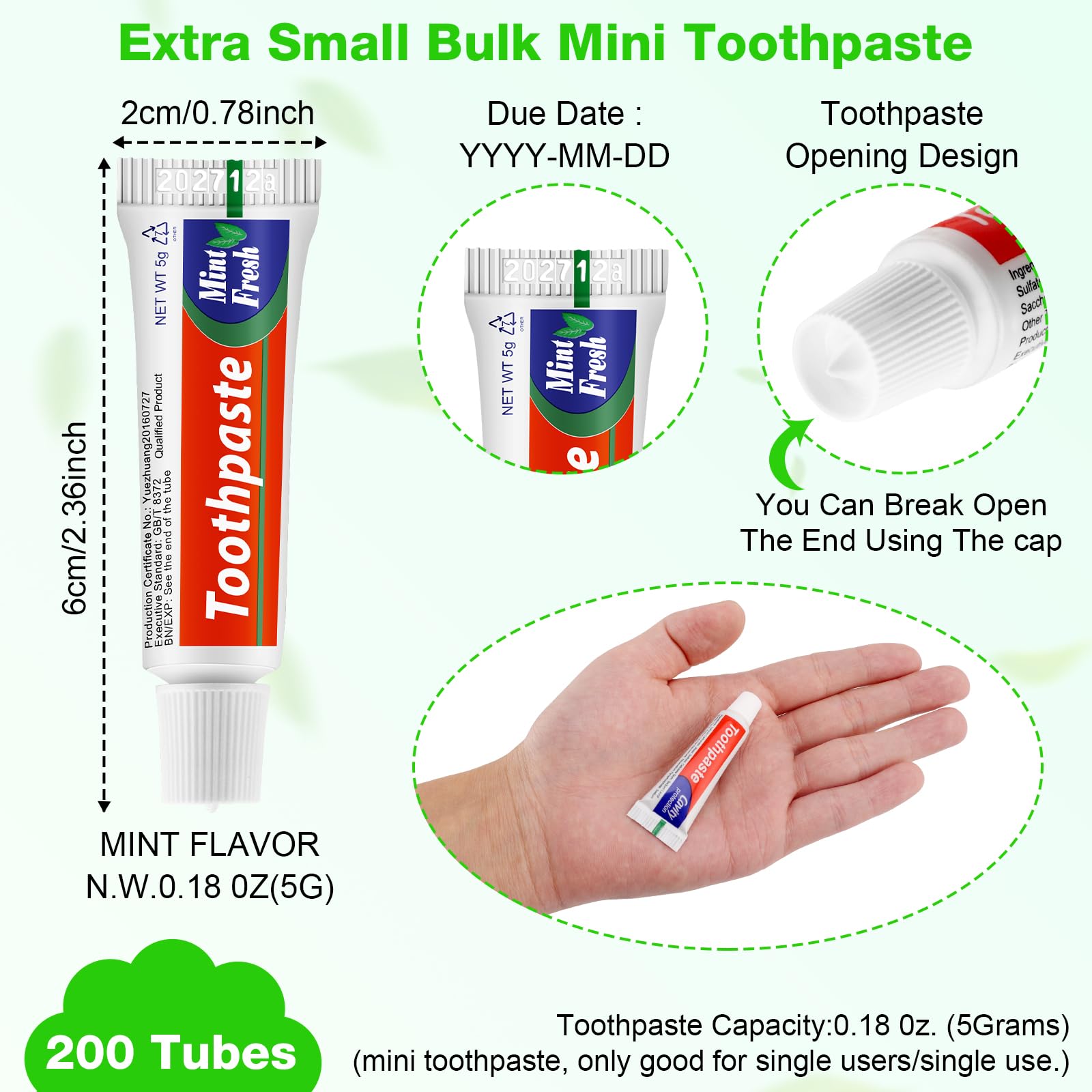 HOFASON 200 Tubes Travel Size Toothpaste Bulk Pack – 0.18 oz Peppermint (2.28 x 0.78 in)