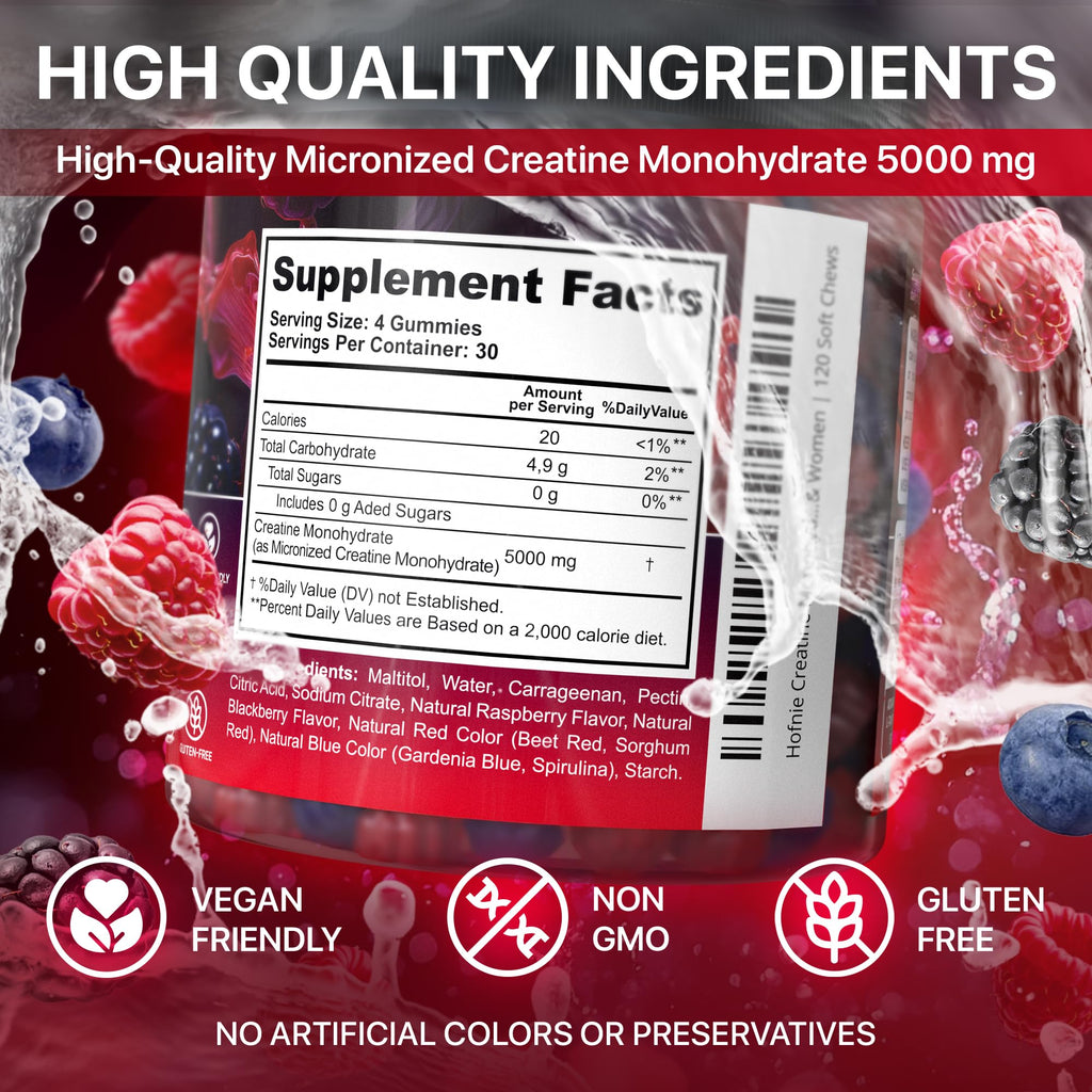 Hofnie Creatine Monohydrate Gummies 5000 mg – Vegan, Sugar-FREE Pre-Workout – Raspberry & Blackberry, 120 Gummies