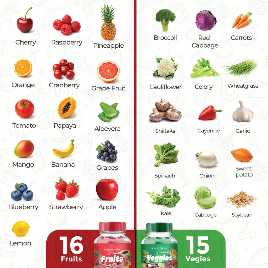 Holistic Choice Fruits & Veggies Gummies - Dual Pack Vitamin Gummies for Adults & Kids | Made in USA
