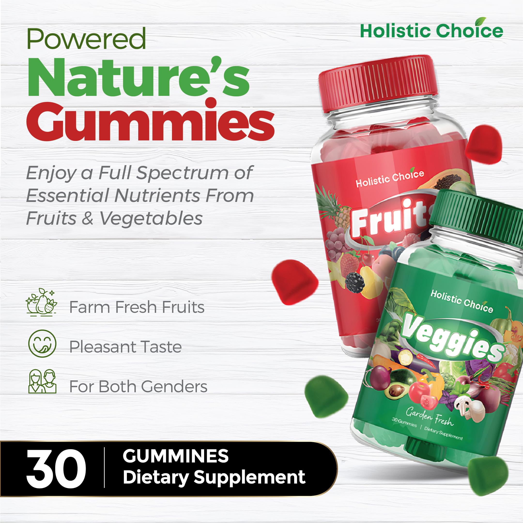 Holistic Choice Fruits & Veggies Gummies - Dual Pack Vitamin Gummies for Adults & Kids | Made in USA