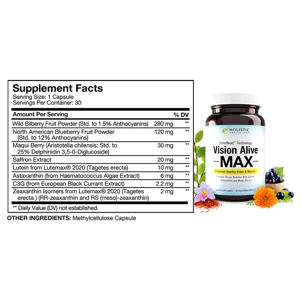 Holistic Health Labs Vision Alive Max – 8 Natural Eye Health Ingredients (Lutemax 2020, Bilberries, Blueberries, C3G from Black Currant, Maqui Berry, Saffron, Astaxanthin) – Pack of 3