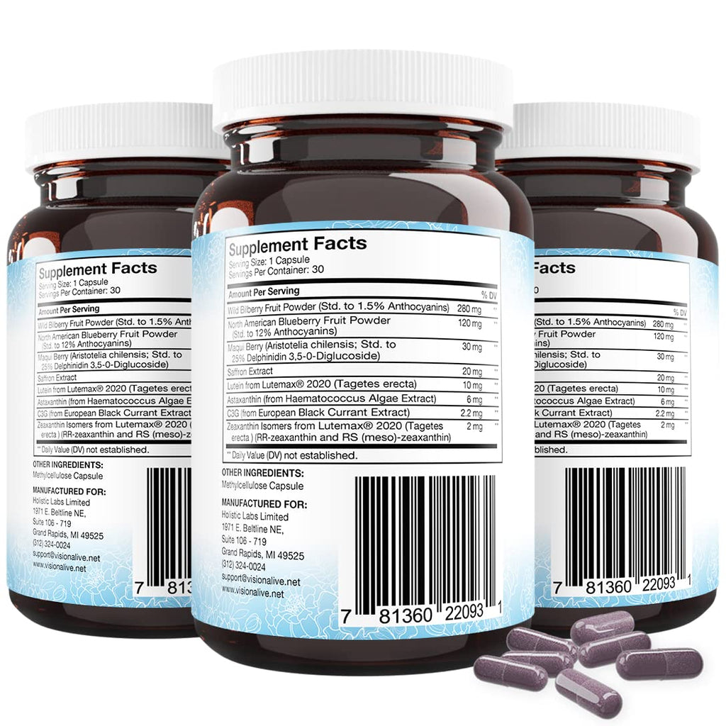 Holistic Health Labs Vision Alive Max – 8 Natural Eye Health Ingredients (Lutemax 2020, Bilberries, Blueberries, C3G from Black Currant, Maqui Berry, Saffron, Astaxanthin) – Pack of 3