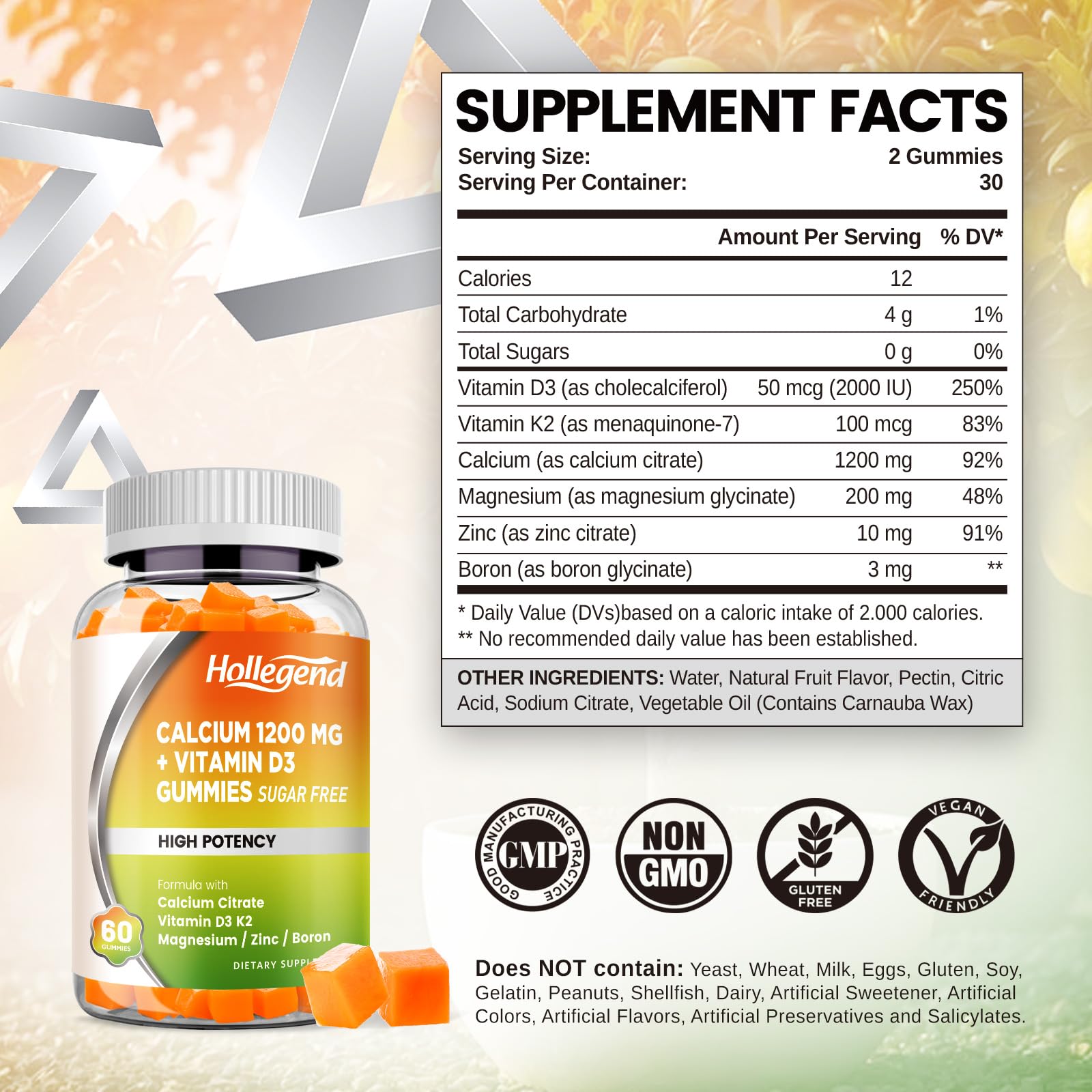 HOLLEGEND Calcium 1200 mg Gummies with Vitamin D3 – Bone Health