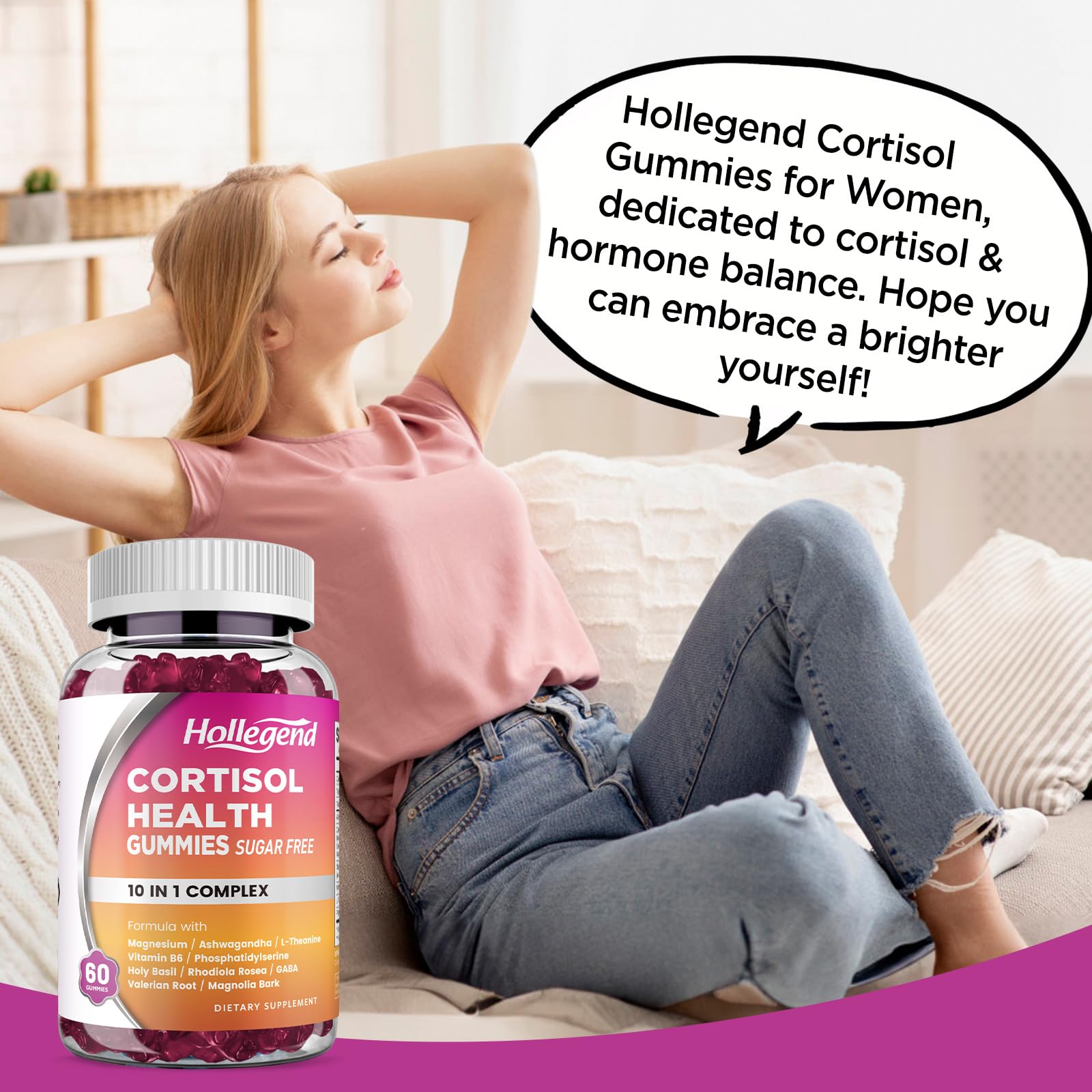 HOLLEGEND Cortisol Gummies for Women & Men – Sugar-Free Vegan, 60 Gummies | Stress Relief, Sleep & Focus