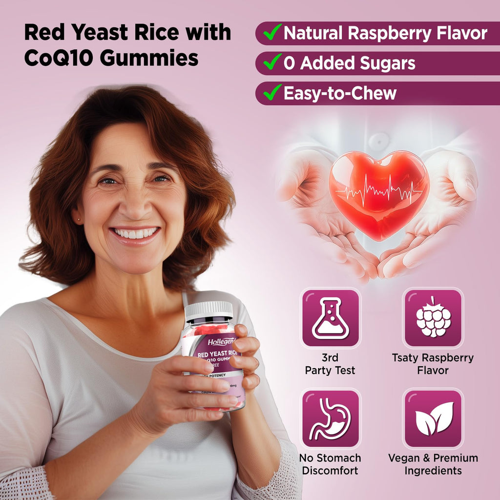Hollgend Red Yeast Rice with CoQ10 Gummies - Sugar Free, Organic 2400mg Red Yeast Rice + 200mg CoQ10, 60 Chewables