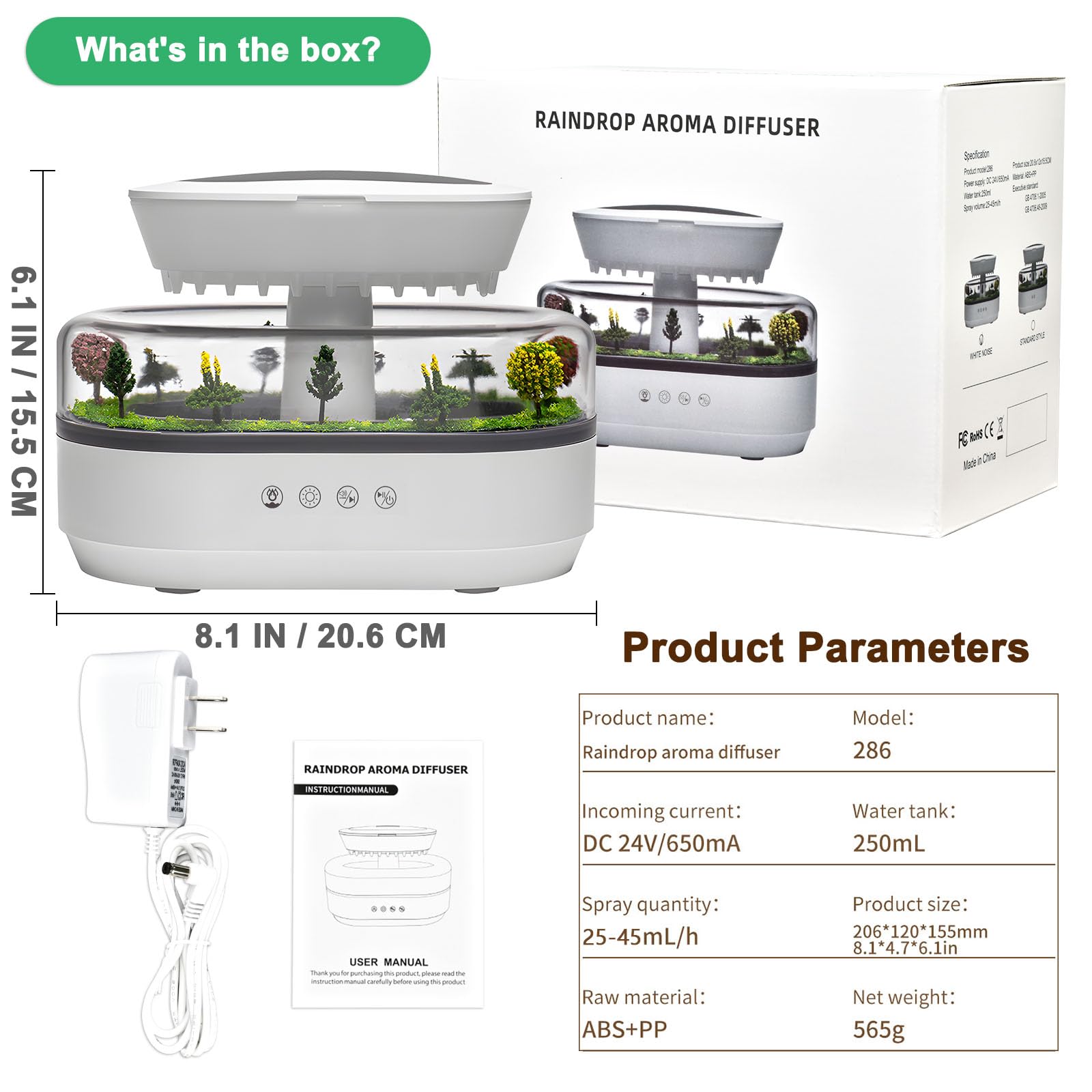 Holwim Cloud Rain Essential Oil Diffuser 250ml – 7-Color Light, Auto-Off, White Noise
