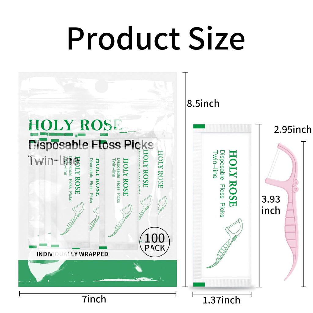 Holy Rose Mint Floss Picks – 100 Count, Individually Wrapped