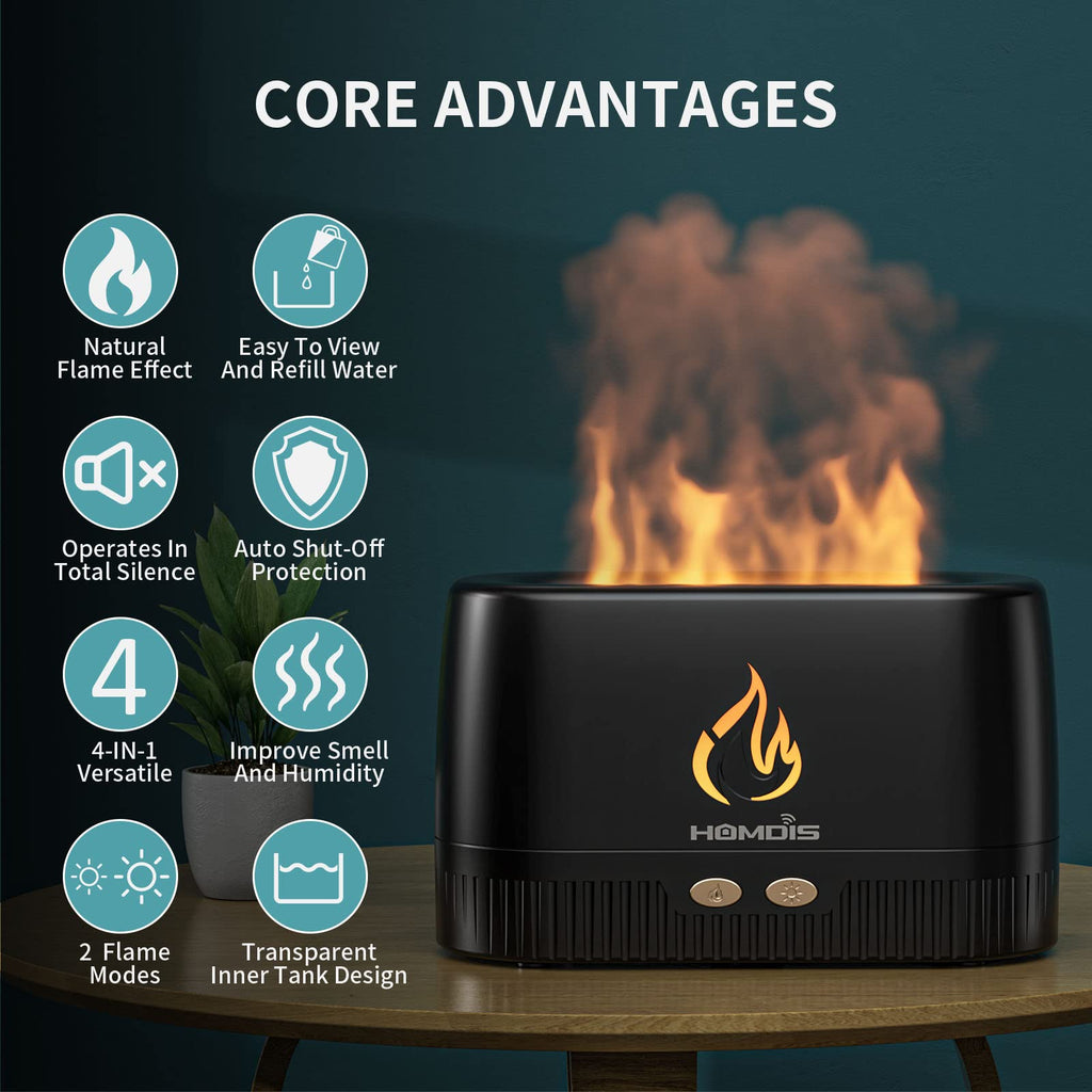 HOMDIS Essential Oil Diffusers & 6 Essential Oils Set | Quiet Flame Diffuser, 7 Color Modes, Auto Shut-Off, Black