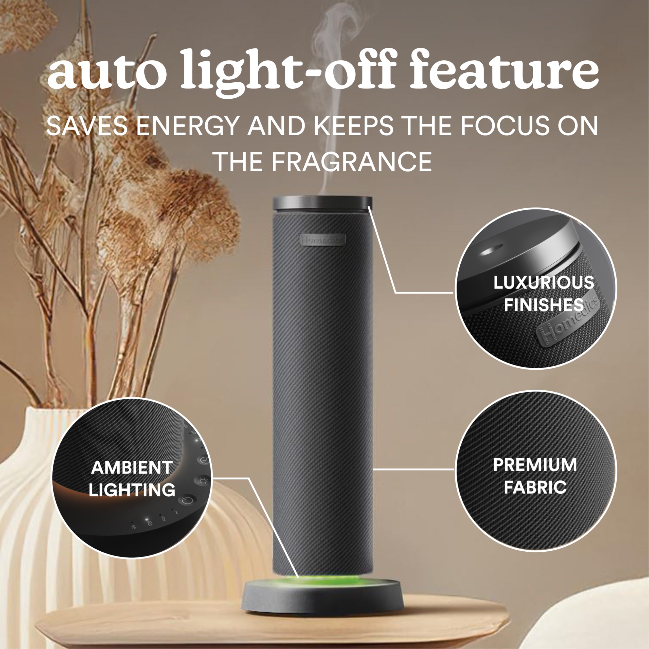 Homedics SereneScent Fabric Waterless Diffuser – Cordless, 14h Battery, 6 Lights (Black)
