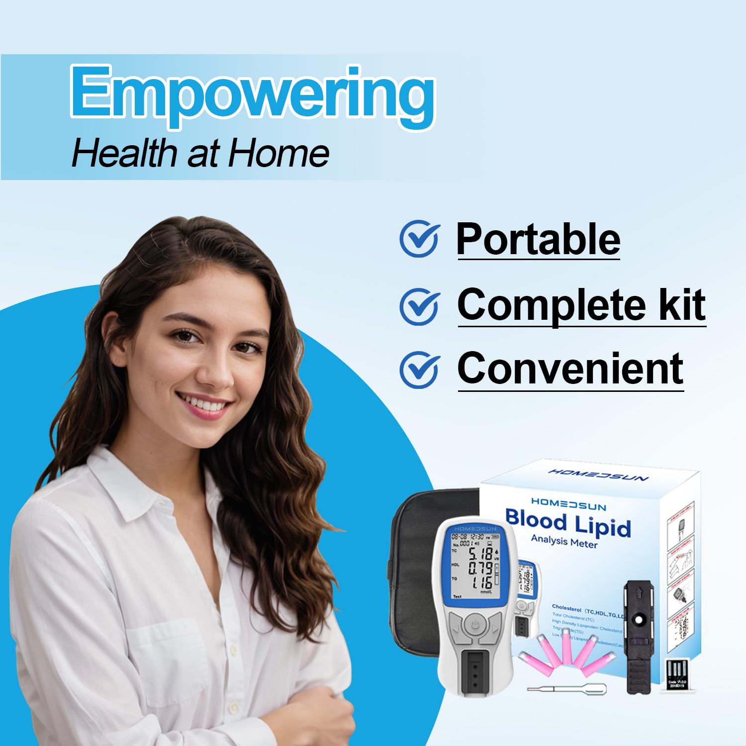 HOMEDSUN HSLPM-102 Portable Cholesterol Testing Kit – 4-in-1 Lipid Analyzer (TC/HDL/LDL/Triglycerides)