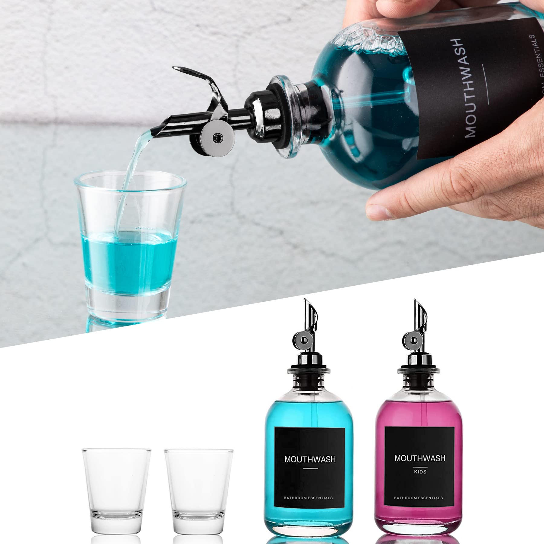 HomeFeel Black Glass Mouthwash Dispenser with Cups – 12.7 oz, 2 Pack | Stainless Steel Spout