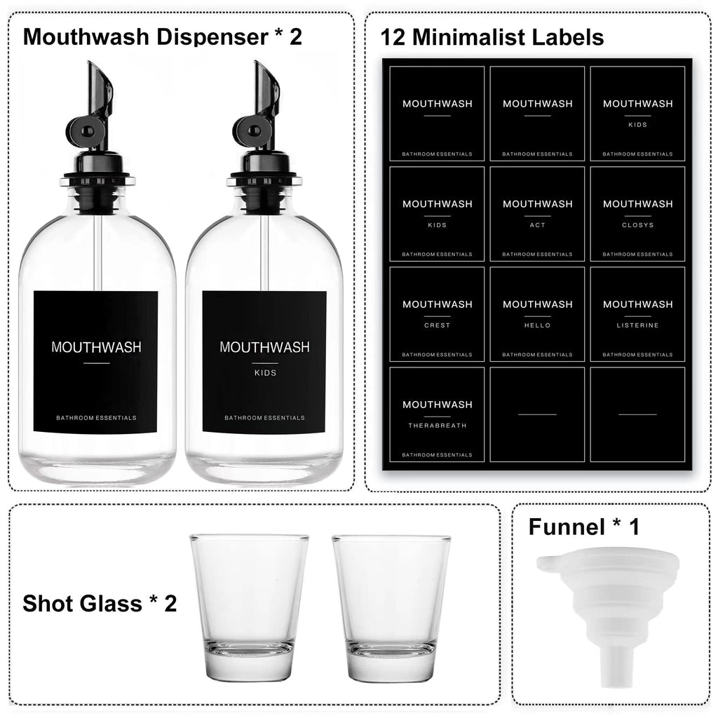 HomeFeel Black Glass Mouthwash Dispenser with Cups – 12.7 oz, 2 Pack | Stainless Steel Spout