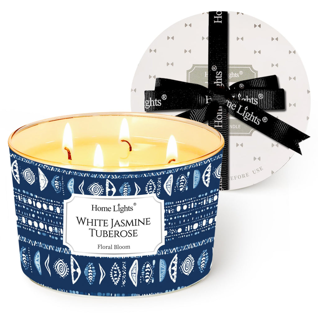 HomeLights 18oz Scented Candle | 4-Wick Aromatherapy Jar – White Jasmine Tuberose, Bohemian Home Decor & Gift