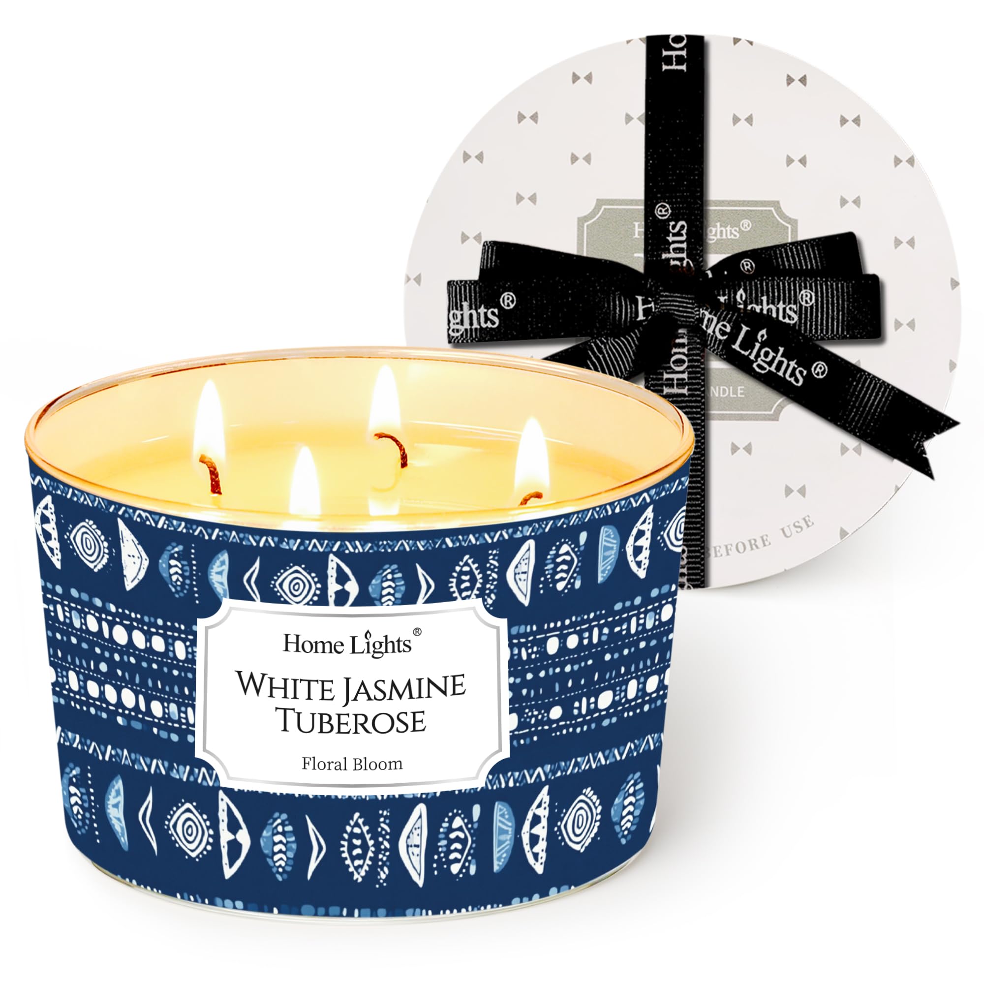 HomeLights 18oz Scented Candle | 4-Wick Aromatherapy Jar – White Jasmine Tuberose, Bohemian Home Decor & Gift