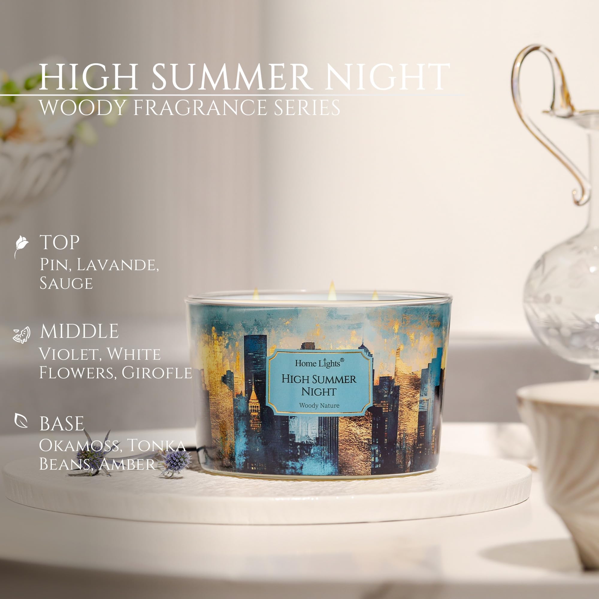 HomeLights 18oz Soy Candle – High Summer Night, 4-Wick Industrial Chic Jar