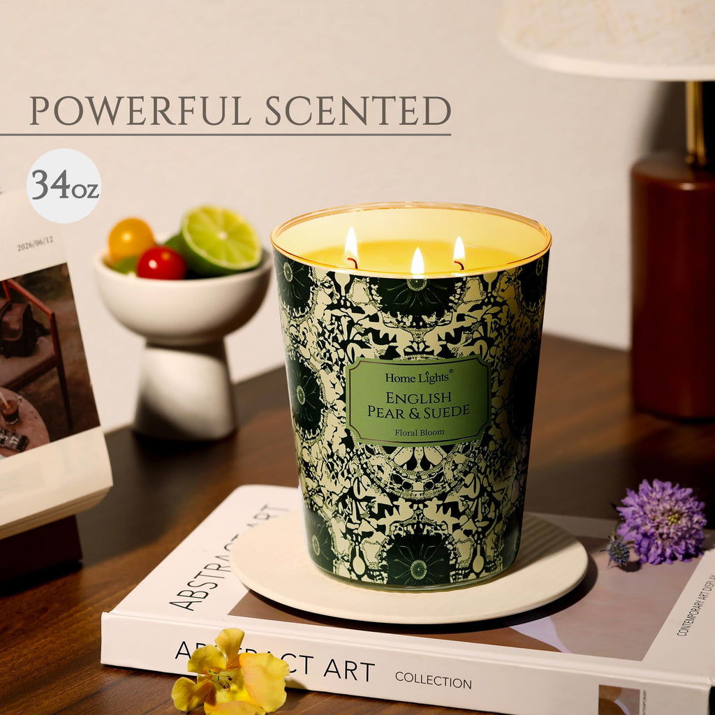 HomeLights 34oz Soy Wax Candles – 3-Wick English Pear & Suede, Aromatherapy Gift