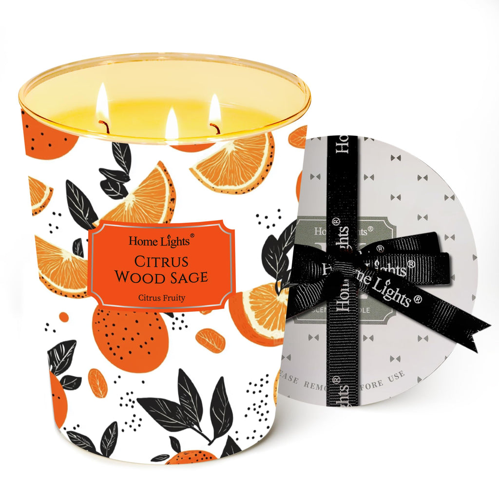 HomeLights Citrus Wood Sage 34oz Soy Candle - 3-Wick Large Jar | Relaxation & Gift