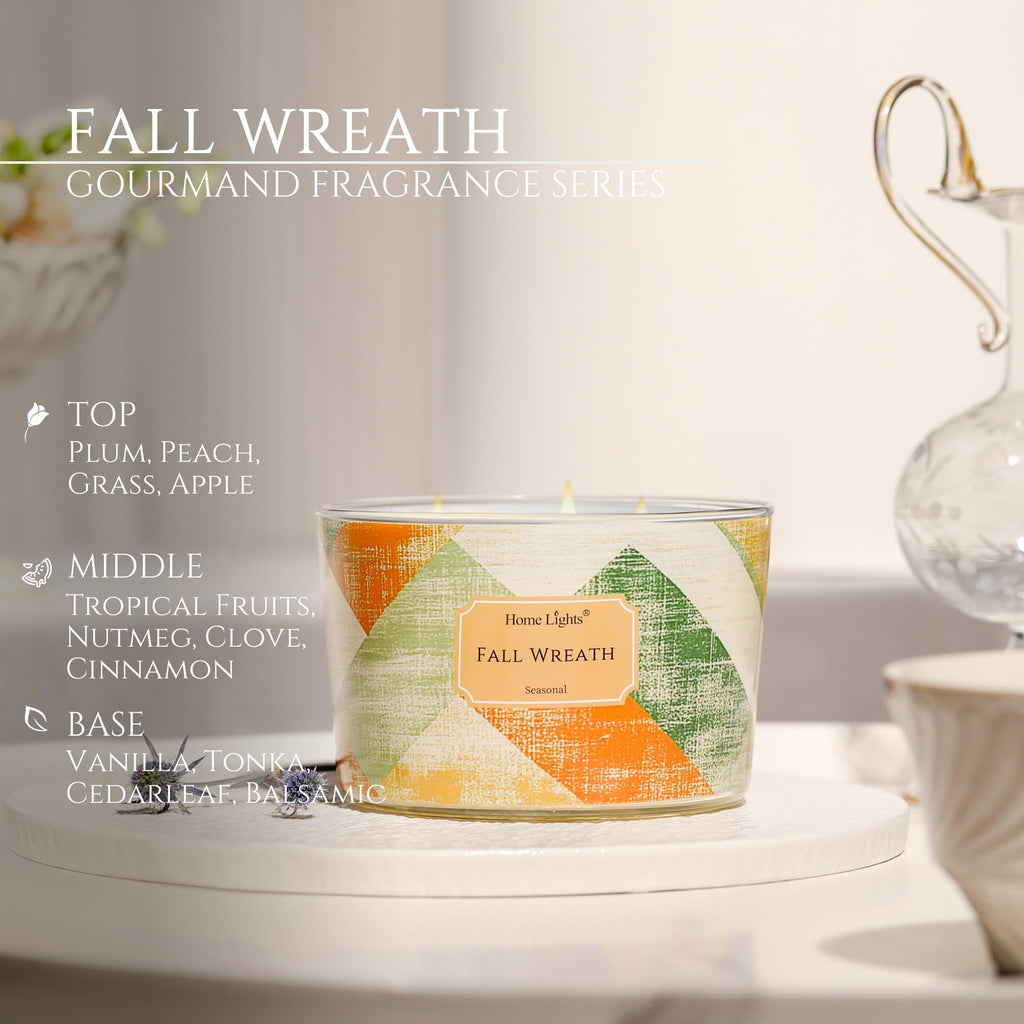 HomeLights 18oz Soy Wax Candles – 4-Wick Fall Wreath Scent, Rustic Modern Aromatherapy