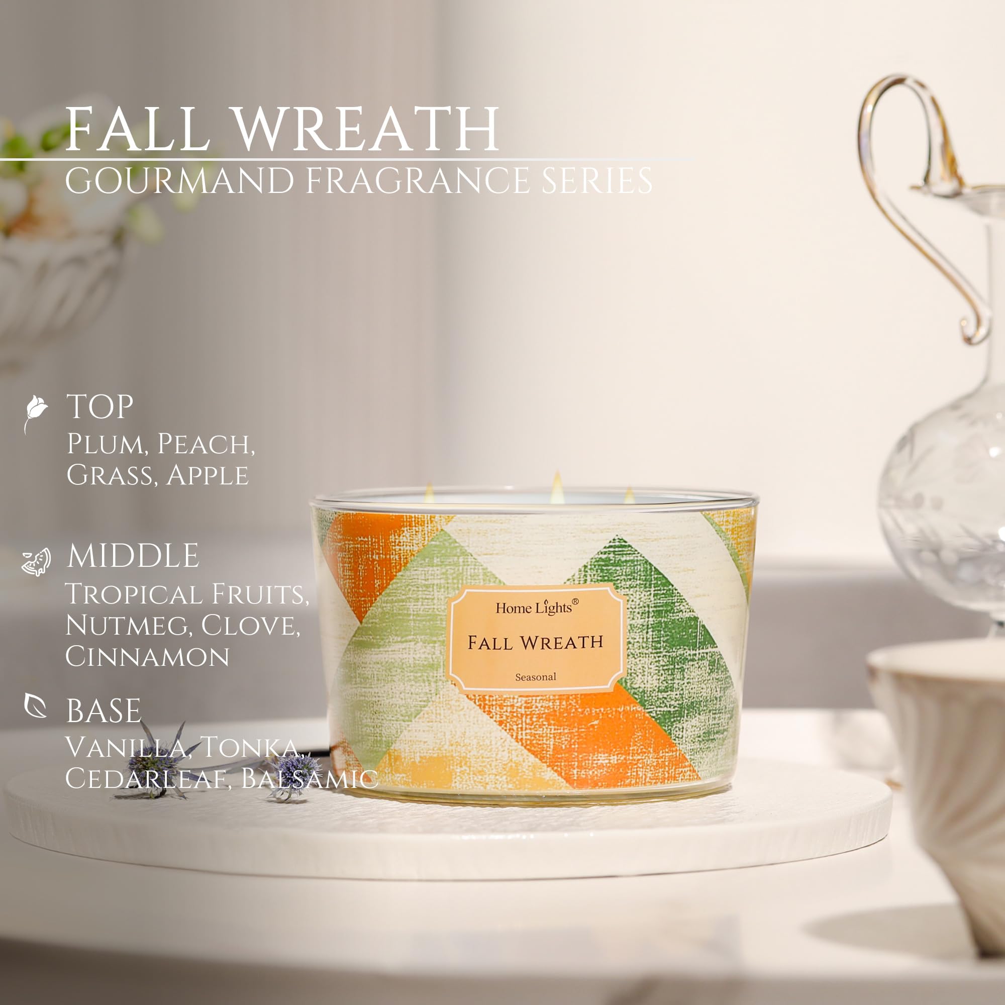 HomeLights 18oz Soy Wax Candles – 4-Wick Fall Wreath Scent, Rustic Modern Aromatherapy
