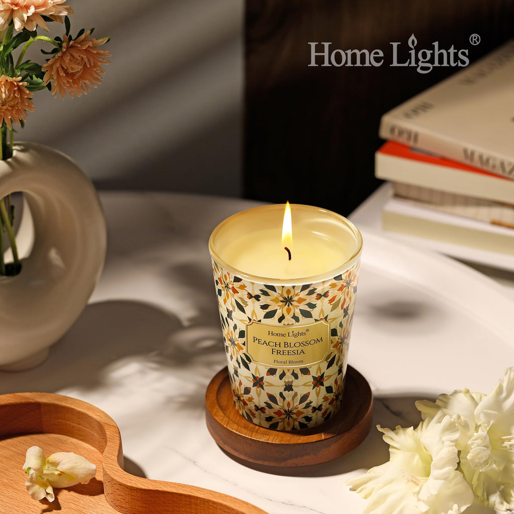 HomeLights Scented Candle 6.7oz – Peach Blossom Freesia, Eco Soy Wax | Gift for Women & Men