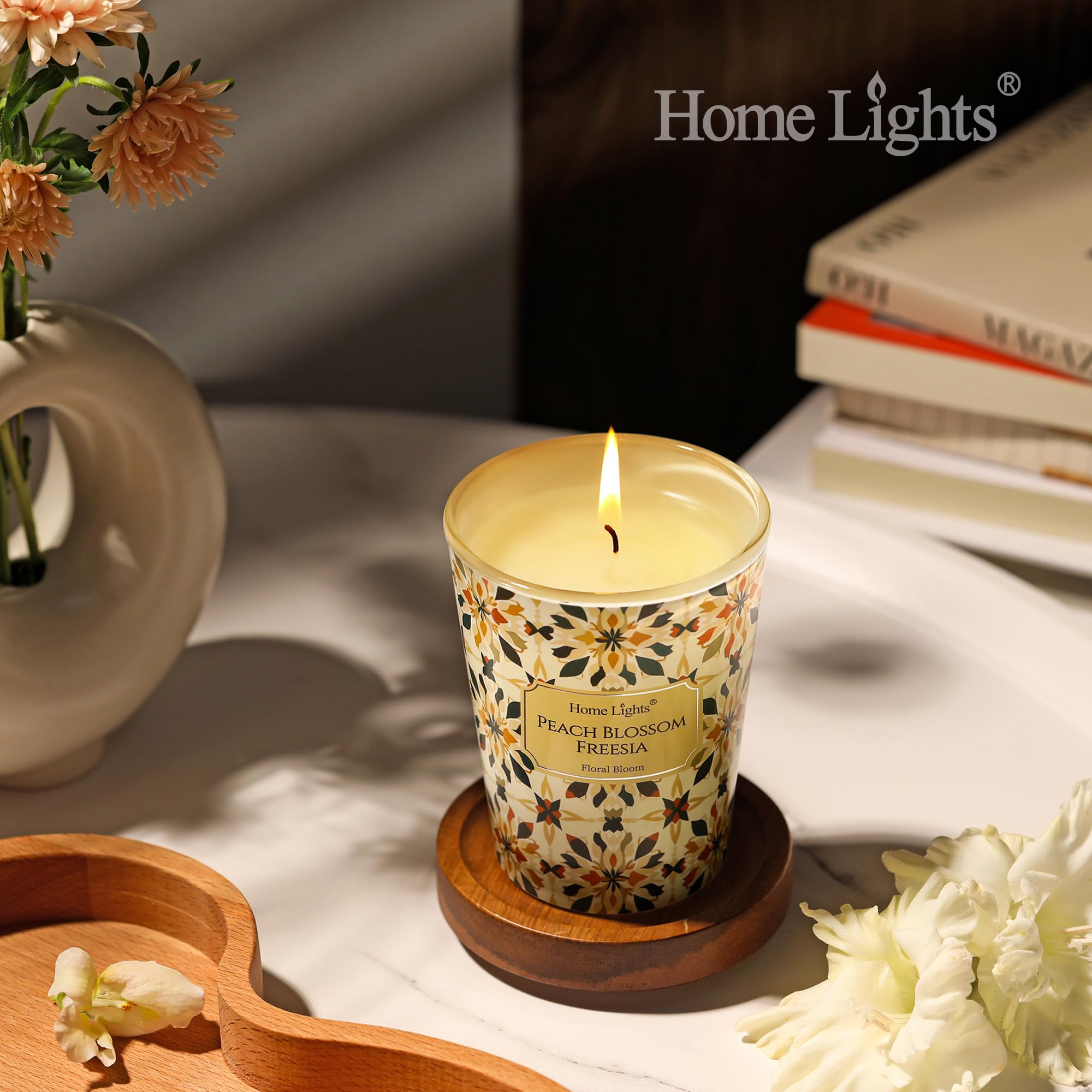 HomeLights Scented Candle 6.7oz – Peach Blossom Freesia, Eco Soy Wax | Gift for Women & Men