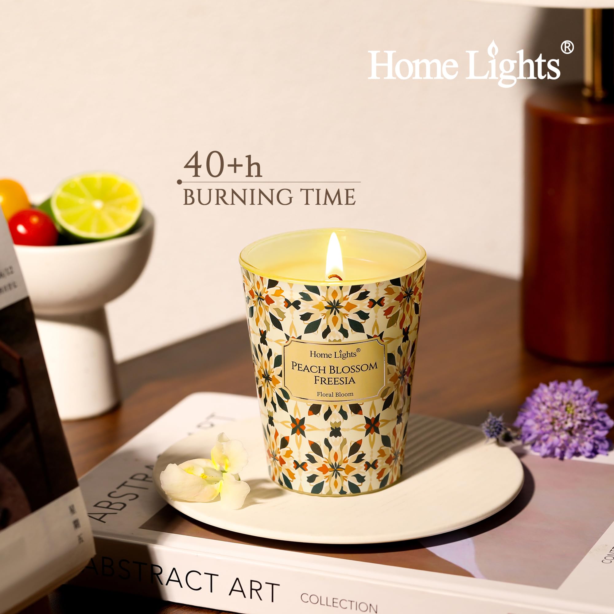 HomeLights Scented Candle 6.7oz – Peach Blossom Freesia, Eco Soy Wax | Gift for Women & Men