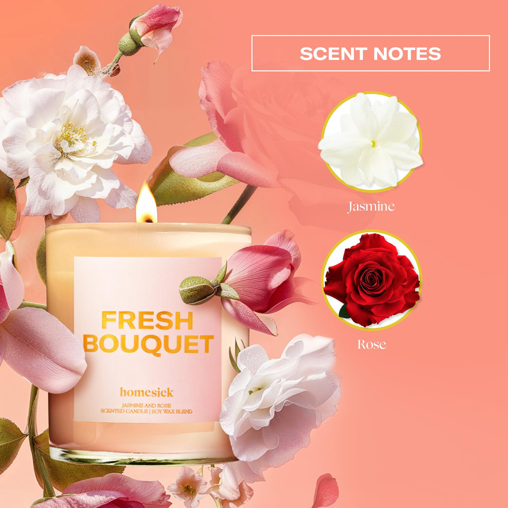 Homesick Fresh Bouquet Candle - 7.5 oz Natural Soy Wax, Jasmine & Rose