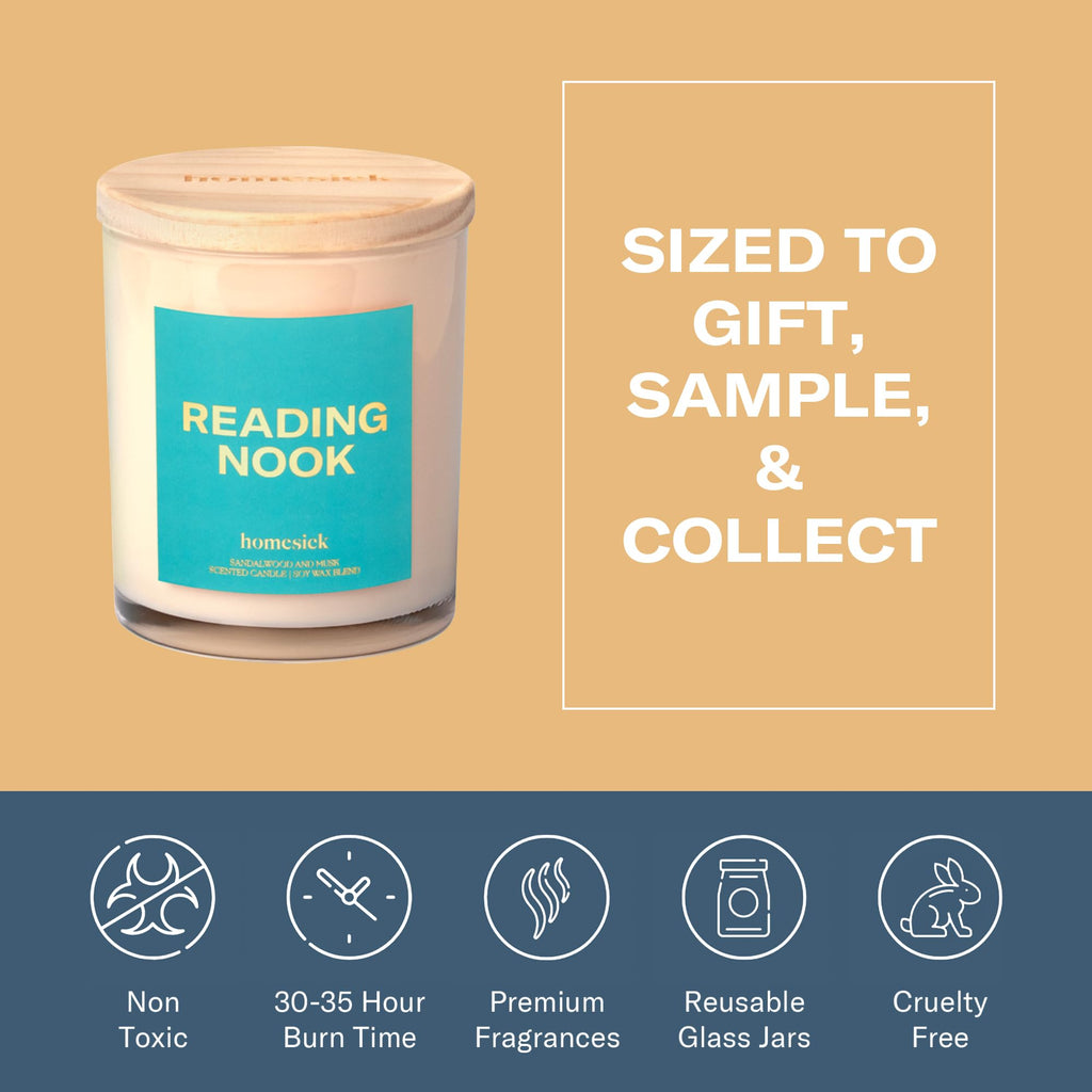 Homesick Reading Nook Candle – 7.5 oz, Sandalwood & Musk, Long-Lasting Soy Wax
