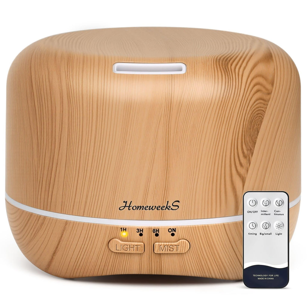 Homeweeks 300ml Essential Oil Diffuser – Quiet Ultrasonic Mist, Remote, 7-Color Light, Wood Grain