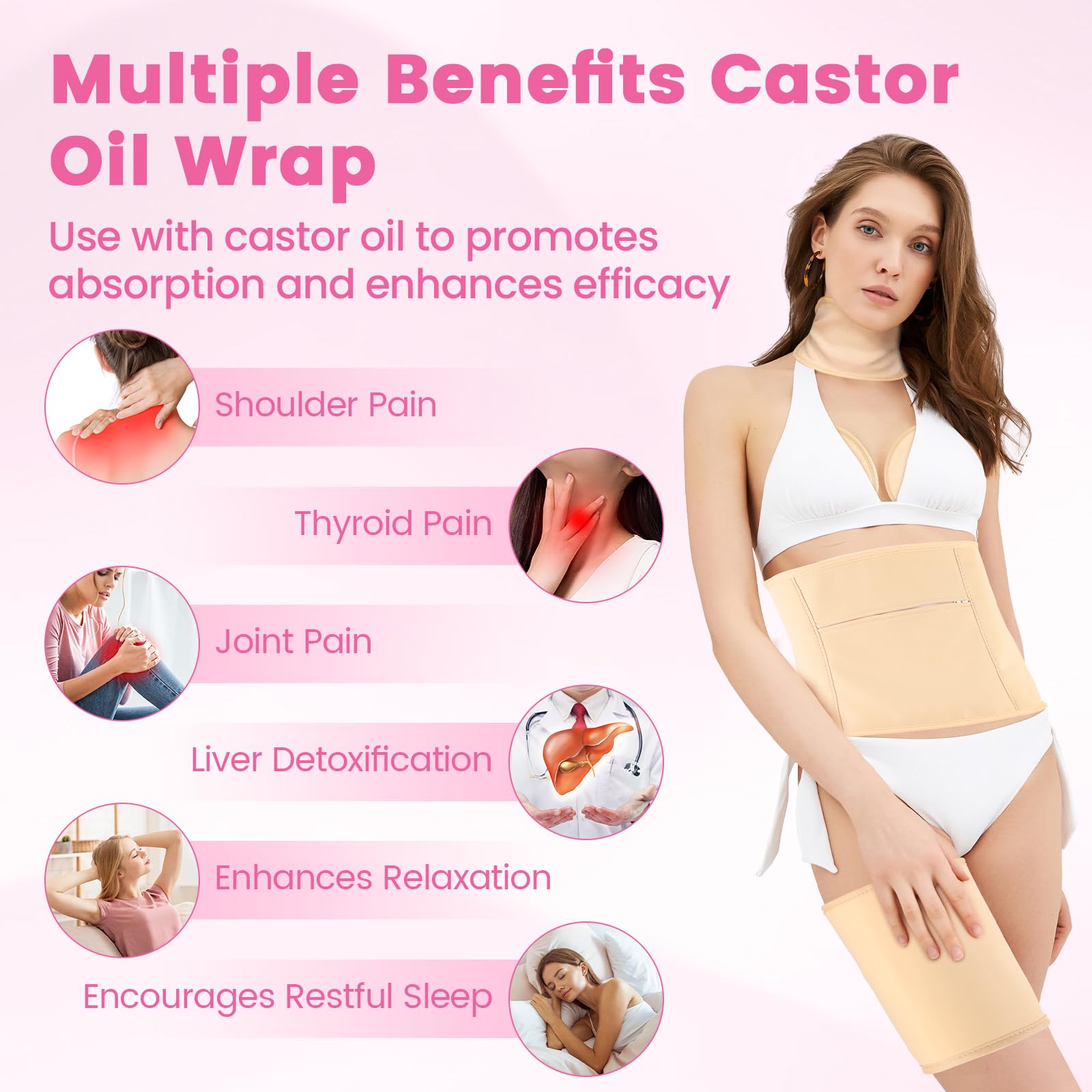 HOMHOW 7 Pcs Castor Oil Pack Wraps – Reusable Organic Castor Oil Packs (Waist, Neck, Chest, Arms, Knees)