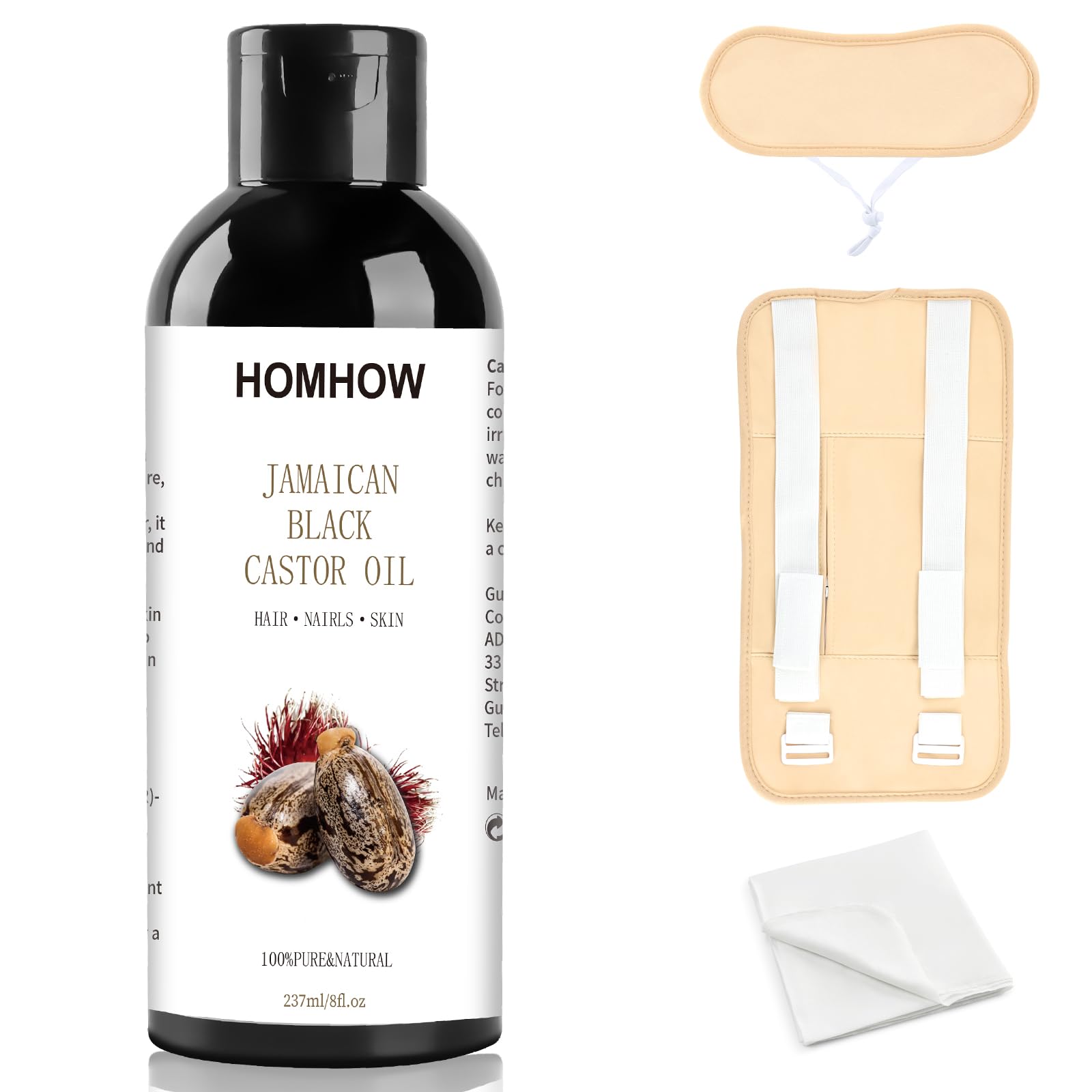 HOMHOW Castor Oil Pack Wrap – Organic Jamaican Black Castor Oil (8oz) – Reusable Stomach, Neck & Body Pack