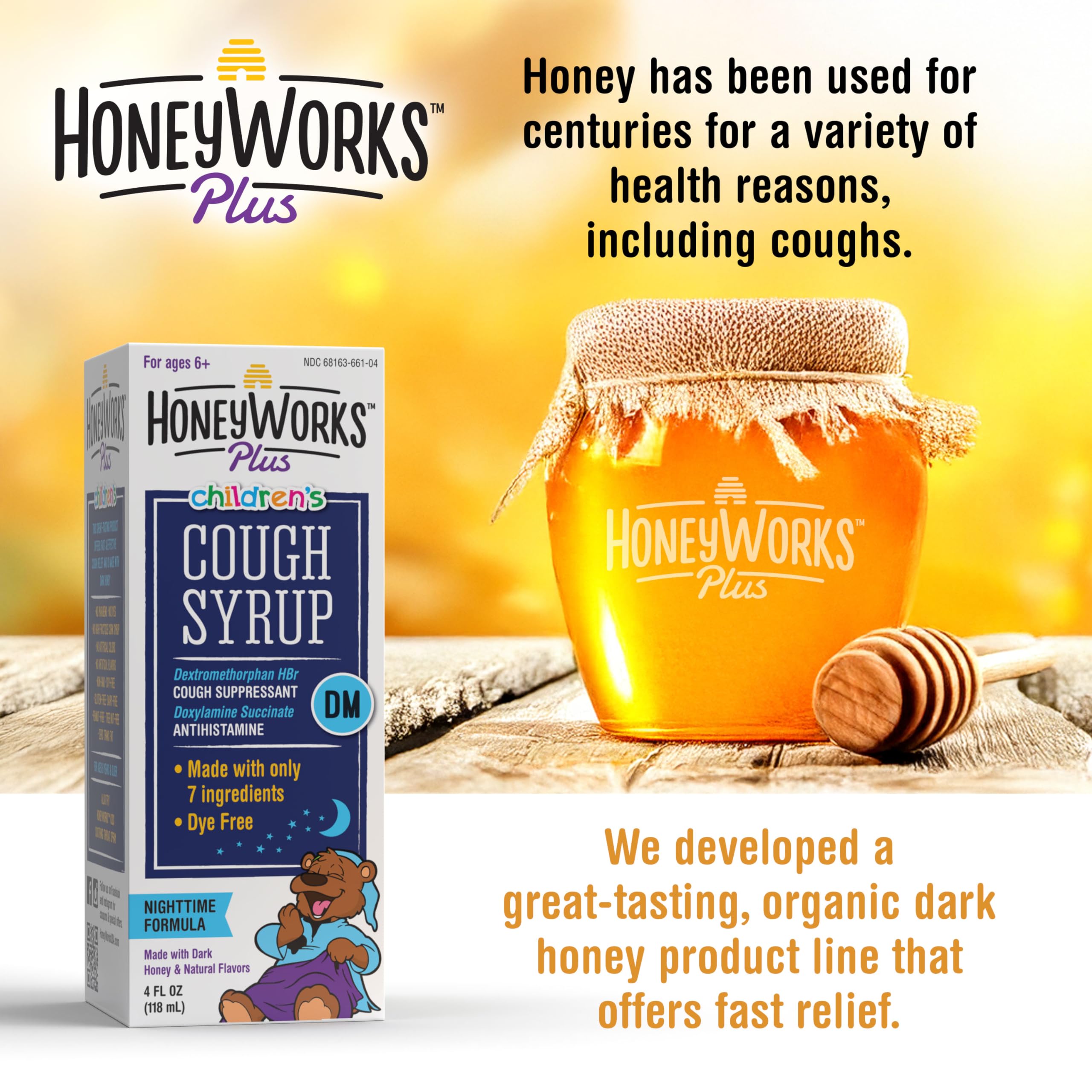 HoneyWorks Nighttime Cough Syrup for Kids – Organic Honey, Ivy Leaf, Melatonin | 4 oz