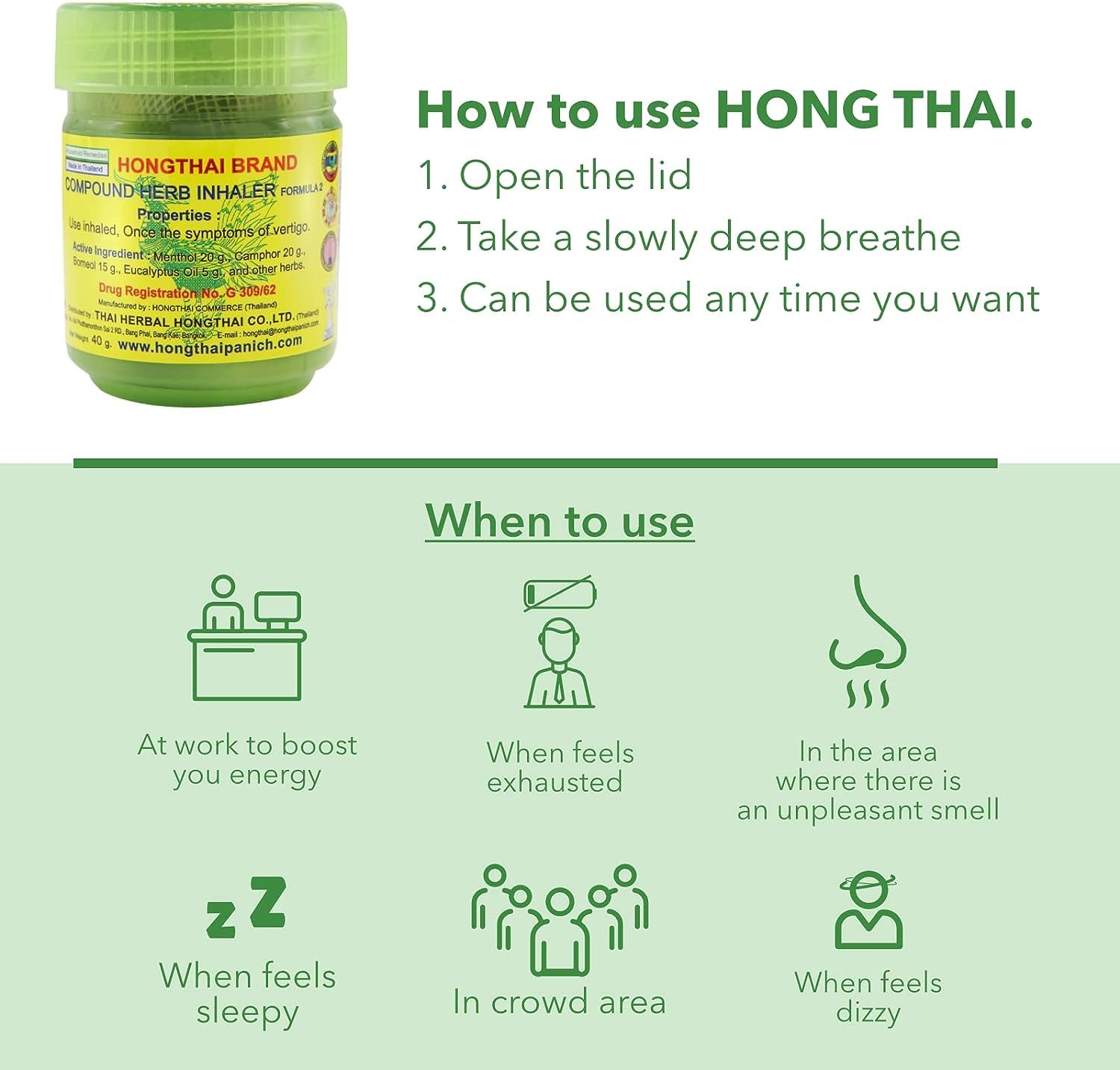 HONG THAI Compound Thai Herb Inhalant 10g Pack of 2 – Mood Enhancer & Relaxing Aroma