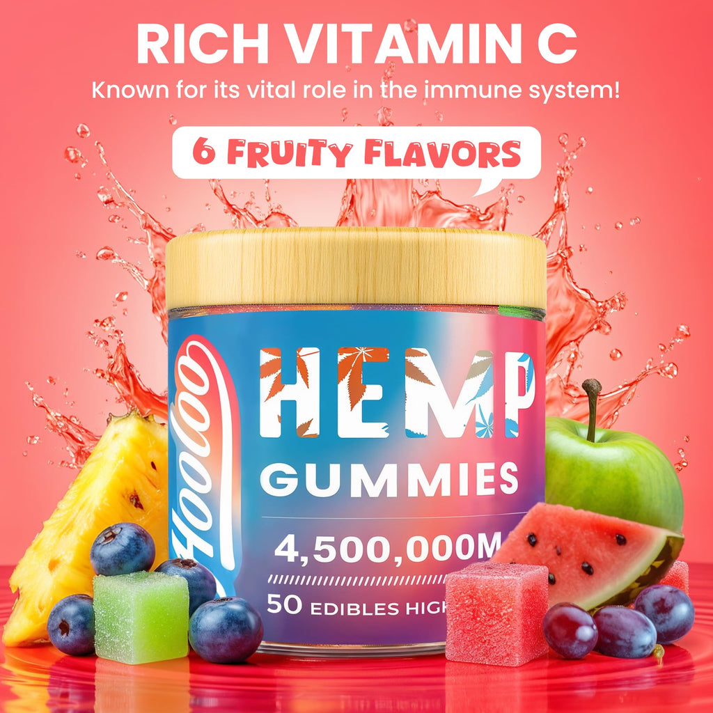 HOOLOO Hemp Gummies Extra Strength for Adults – 6 Flavors, Omega 3, USA Made (Pack of 4)