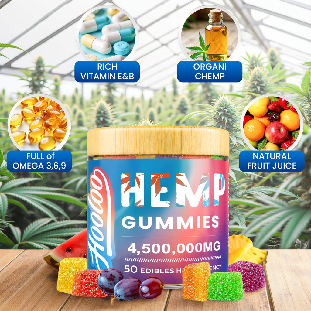HOOLOO Hemp Gummies Extra Strength for Adults – 6 Flavors, Omega 3, USA Made (Pack of 4)