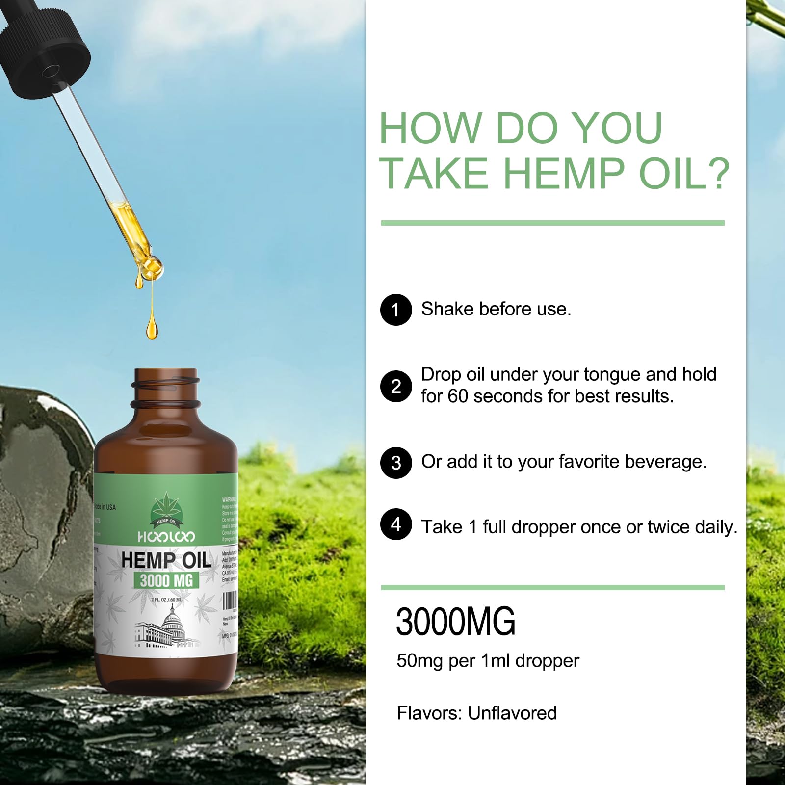 HOOLOO Hemp Oil 3000MG for Adults – Bedtime Support, Joint Relief | Allergen Free, 2 oz, Made in USA