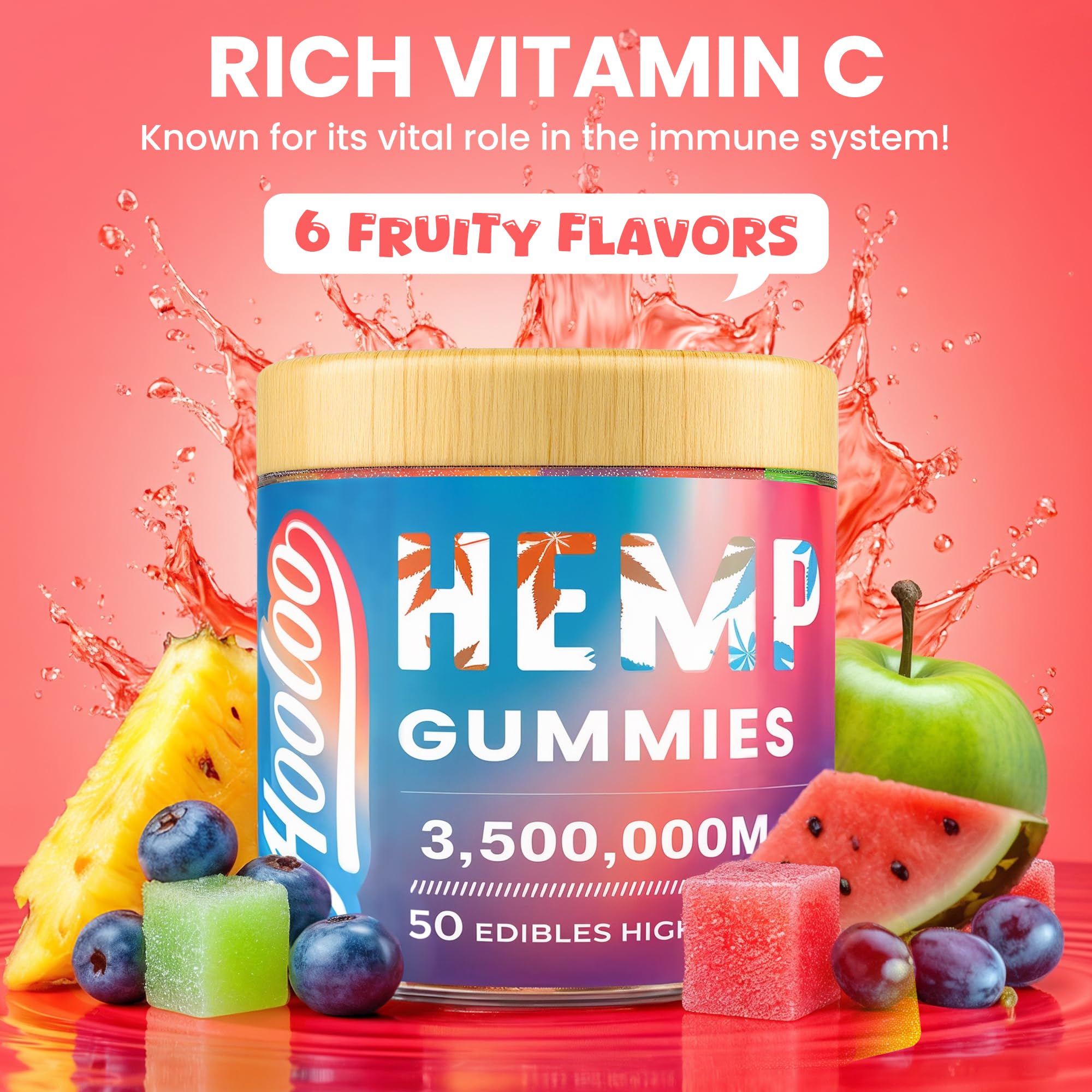 HOOLOO Hemp Gummies Big Cubes Extra Strength for Bedtime Support, Unwind, 2 Packs, 6 Fruity Flavors Chewable Hemp Gummy Vitamins for Adults, Made in USA