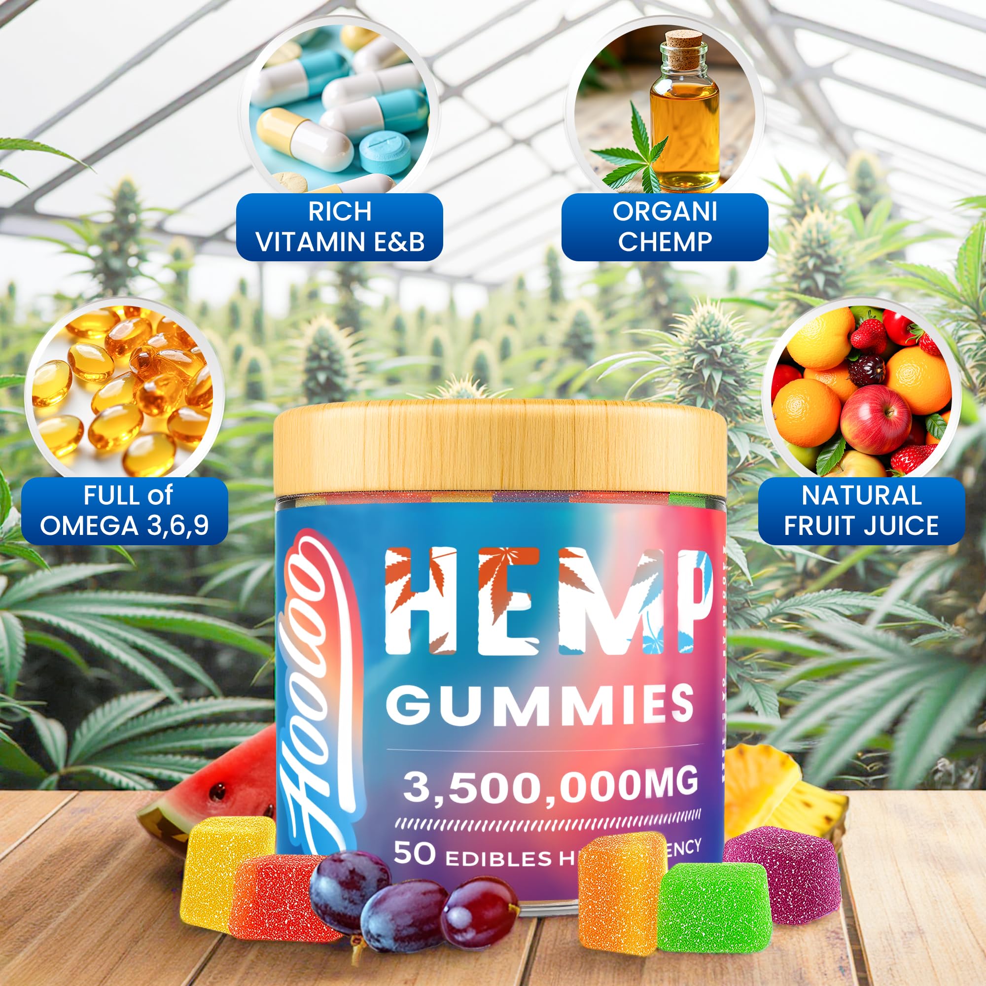HOOLOO Hemp Gummies Big Cubes Extra Strength for Bedtime Support, Unwind, 2 Packs, 6 Fruity Flavors Chewable Hemp Gummy Vitamins for Adults, Made in USA