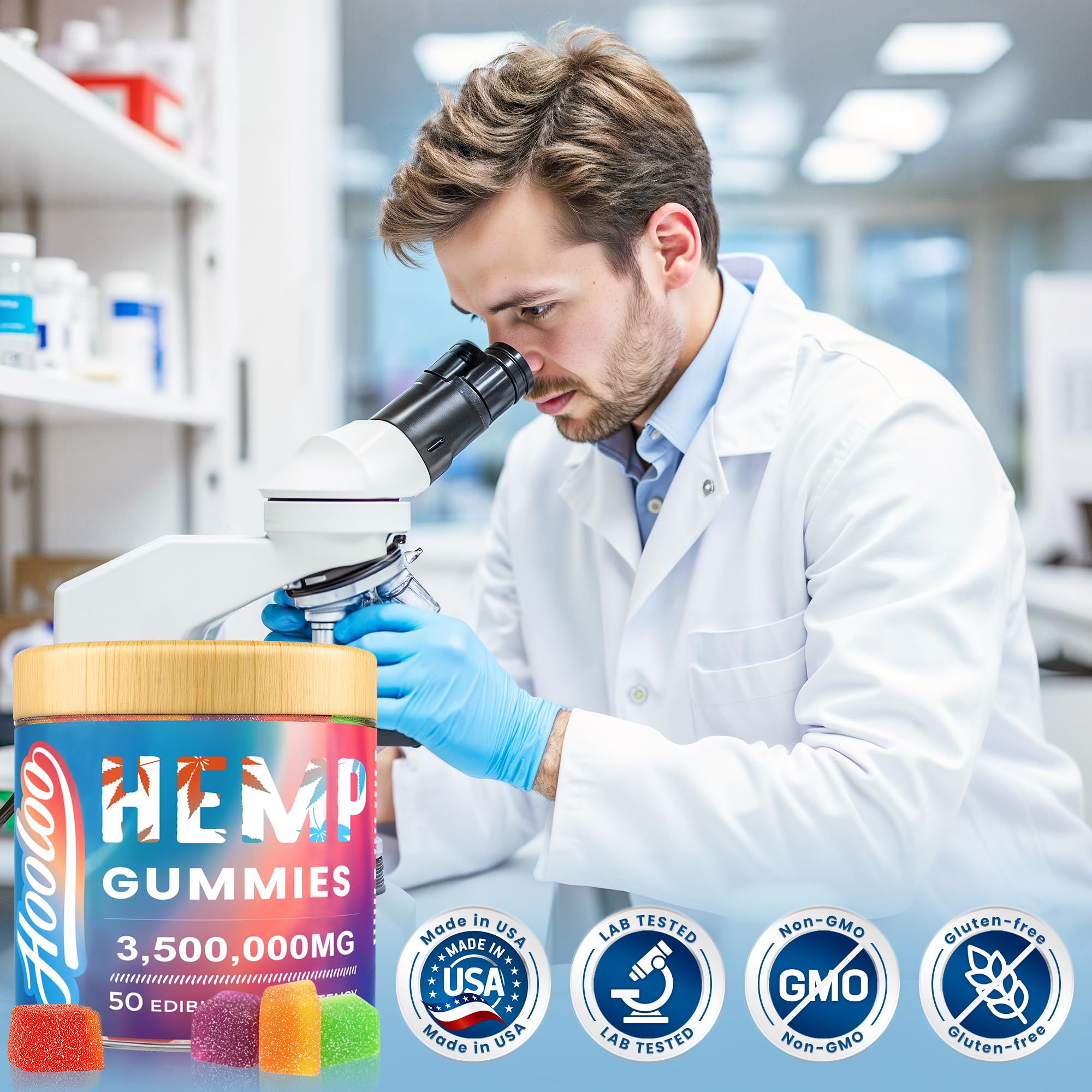 HOOLOO Hemp Gummies Big Cubes Extra Strength for Bedtime Support, Unwind, 2 Packs, 6 Fruity Flavors Chewable Hemp Gummy Vitamins for Adults, Made in USA