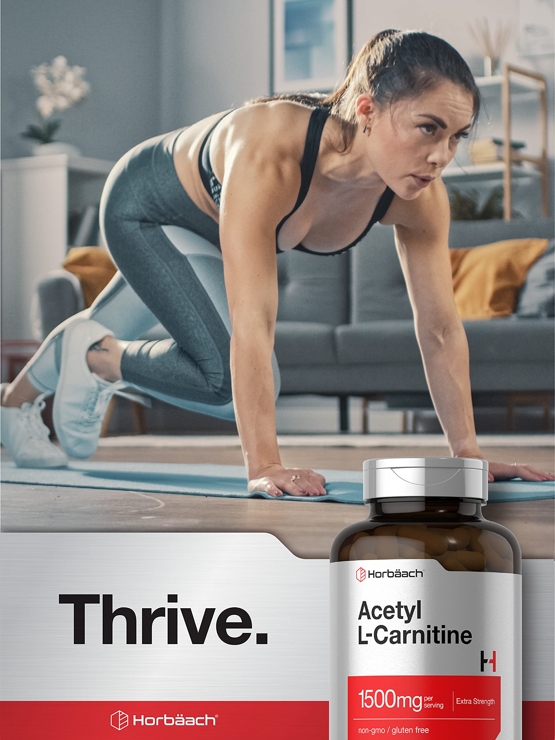 Horbäach Acetyl L-Carnitine 1500mg | 200 Capsules | Extra Strength Supplement | Non-GMO & Gluten Free