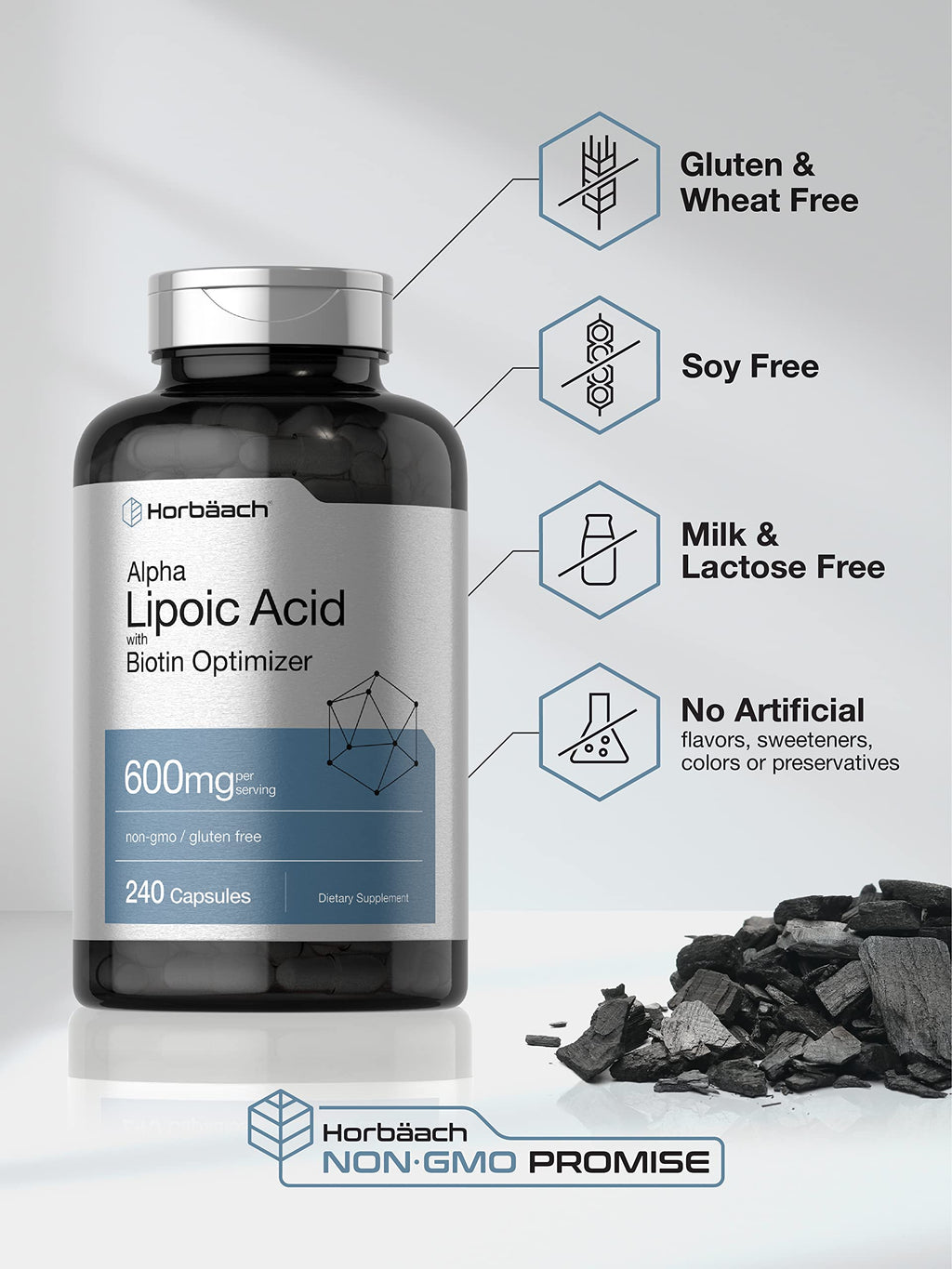 Horbäach Alpha Lipoic Acid 600mg | 240 Capsules | Biotin Optimizer | Non-GMO and Gluten Free Supplement