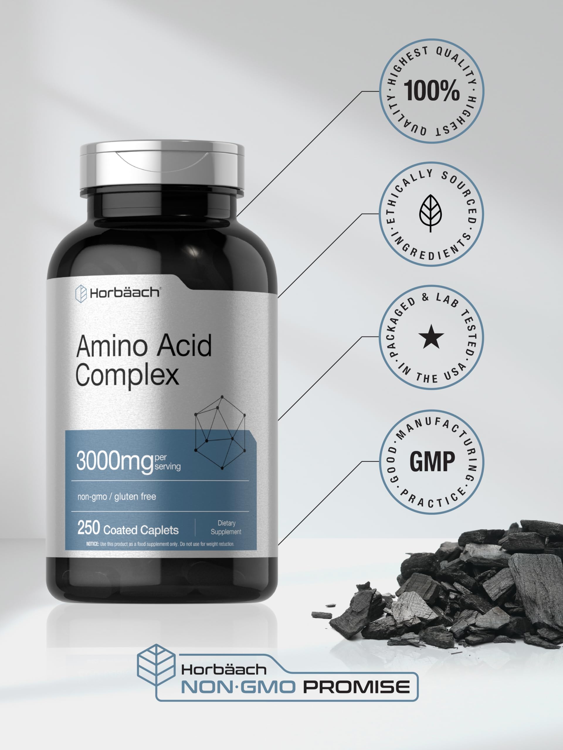 Horbäach Amino Acid Complex 3000mg | 250 Caplets | Non-GMO, Gluten Free Supplement