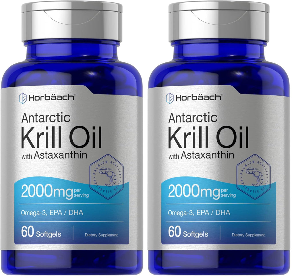Horbäach Antarctic Krill Oil 2000mg | 60 Softgels | Omega-3 + Astaxanthin | Non-GMO, Gluten Free | Pack of 2