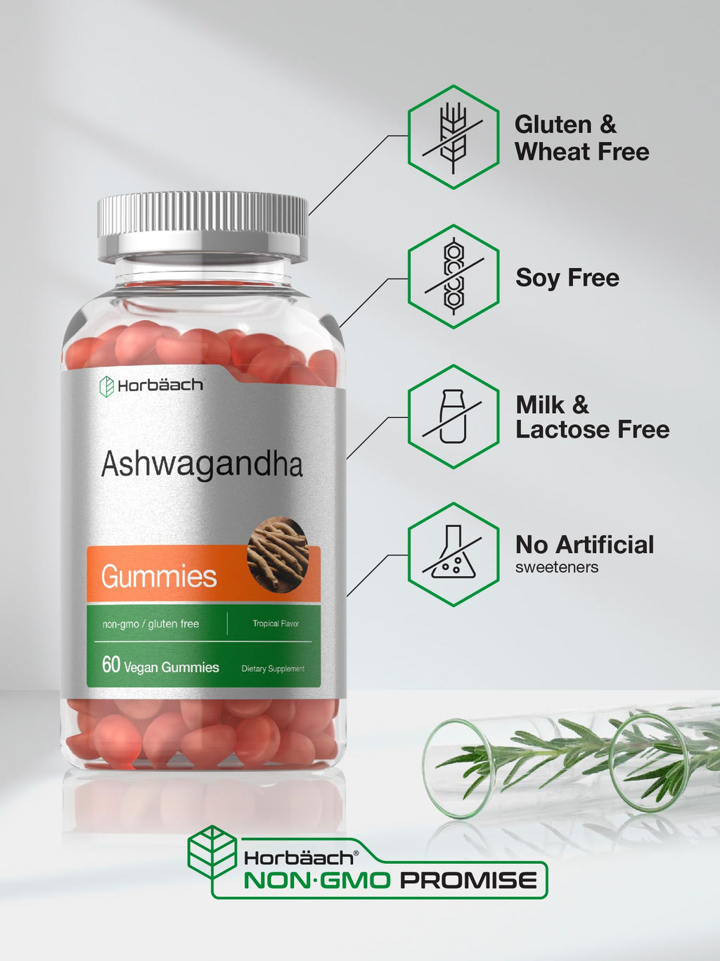 Horbäach Ashwagandha Gummies for Women and Men | 60 Count | Vegan, Non-GMO, Gluten Free | Tropical Flavor (Pack of 2)