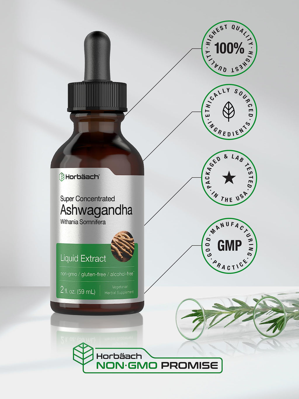 Horbäach Ashwagandha Liquid Drops - 2 Fl Oz | Alcohol-Free Tincture | Vegetarian, Non-GMO