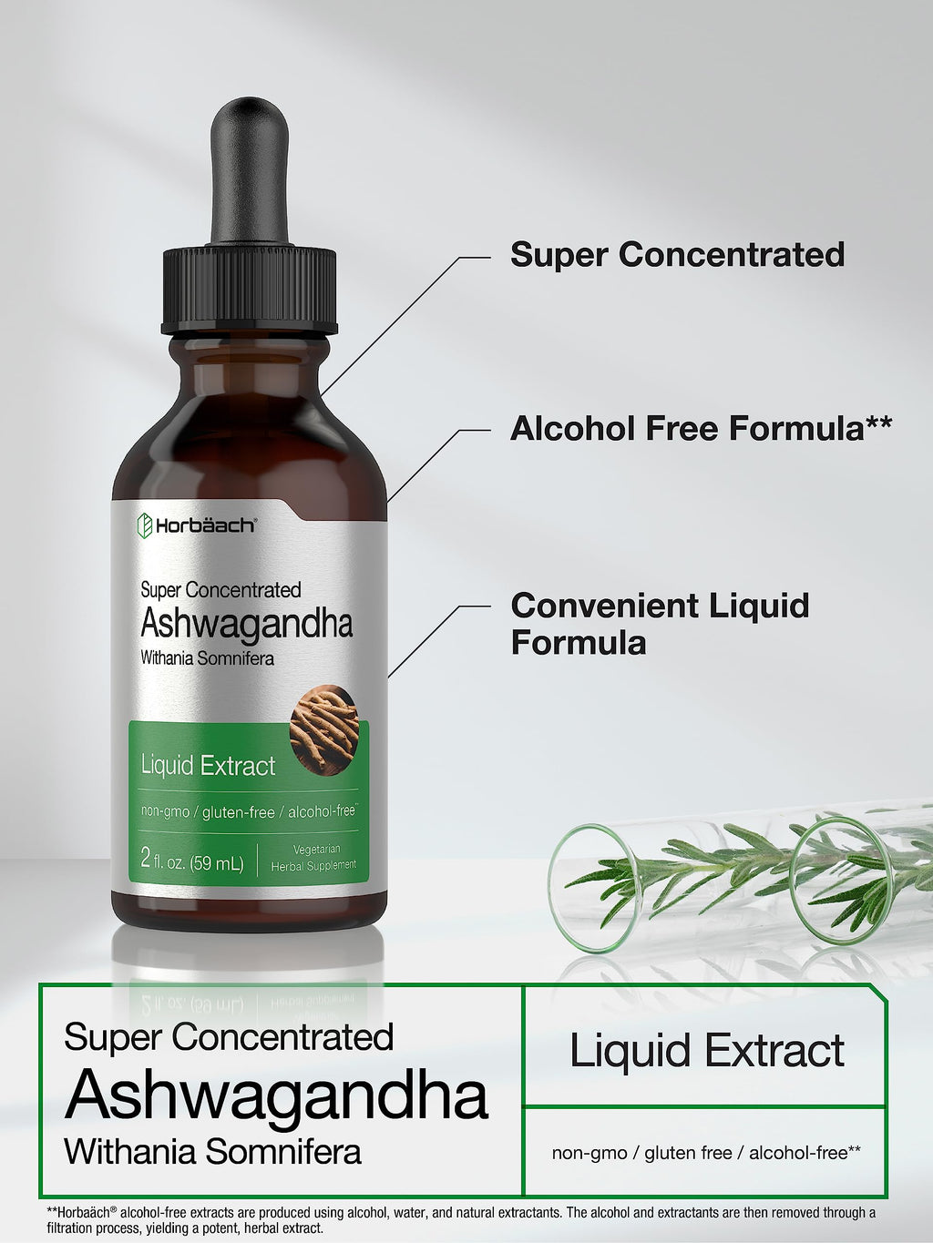 Horbäach Ashwagandha Liquid Drops - 2 Fl Oz | Alcohol-Free Tincture | Vegetarian, Non-GMO