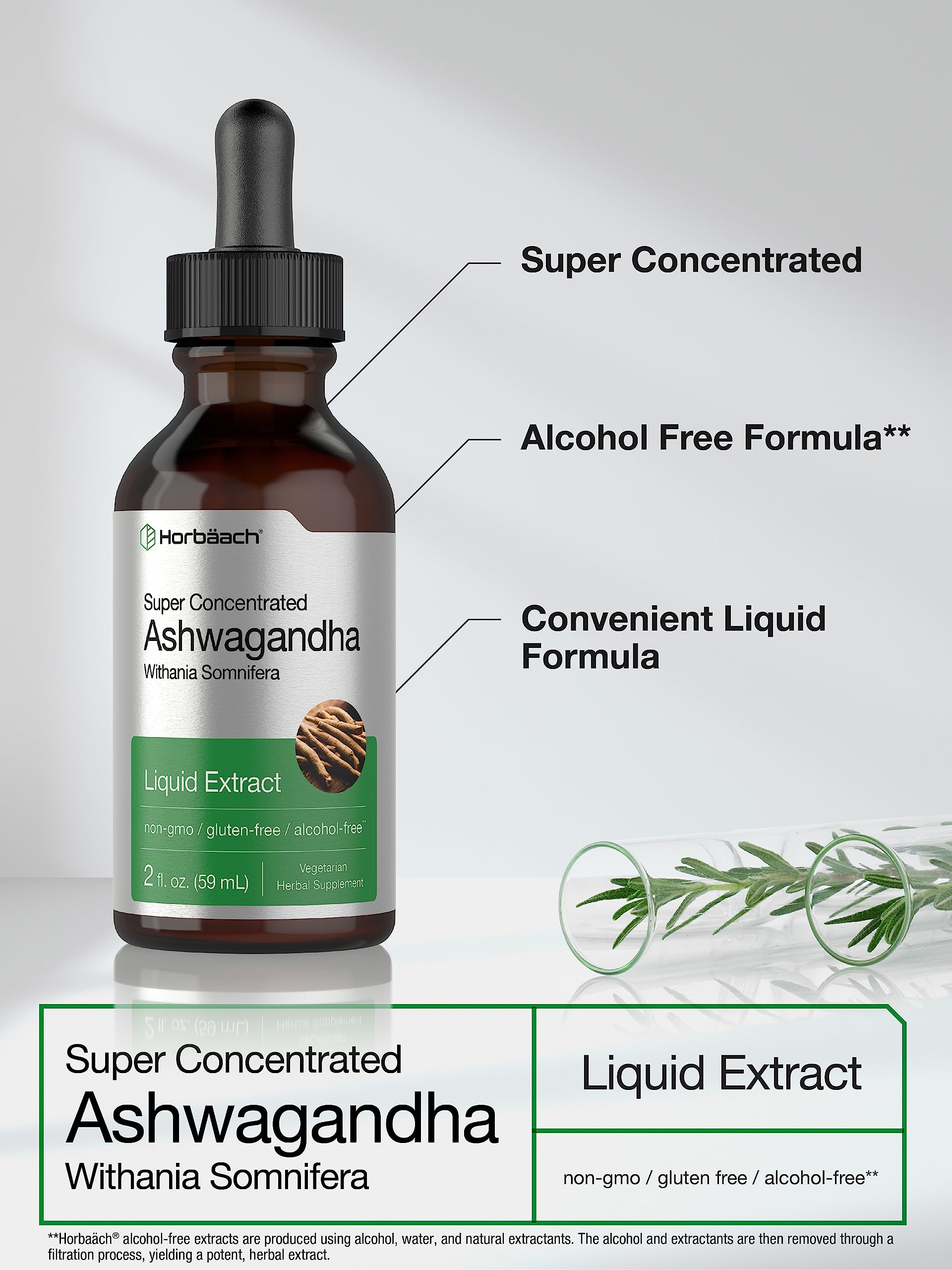 Horbäach Ashwagandha Liquid Drops - 2 Fl Oz | Alcohol-Free Tincture | Vegetarian, Non-GMO