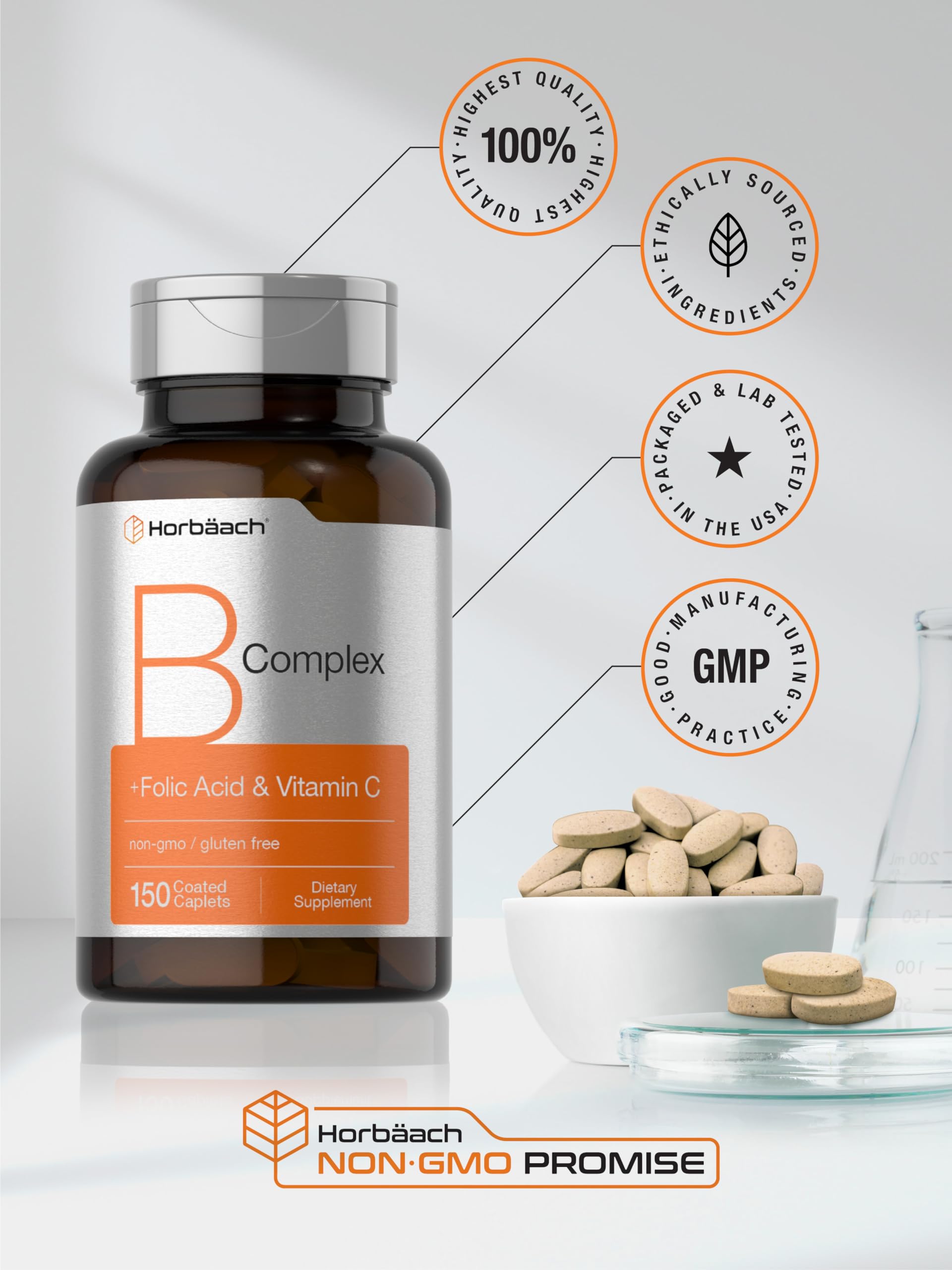 Horbaach B Complex Vitamins for Women & Men – 150 Caplets | Non-GMO & Gluten Free